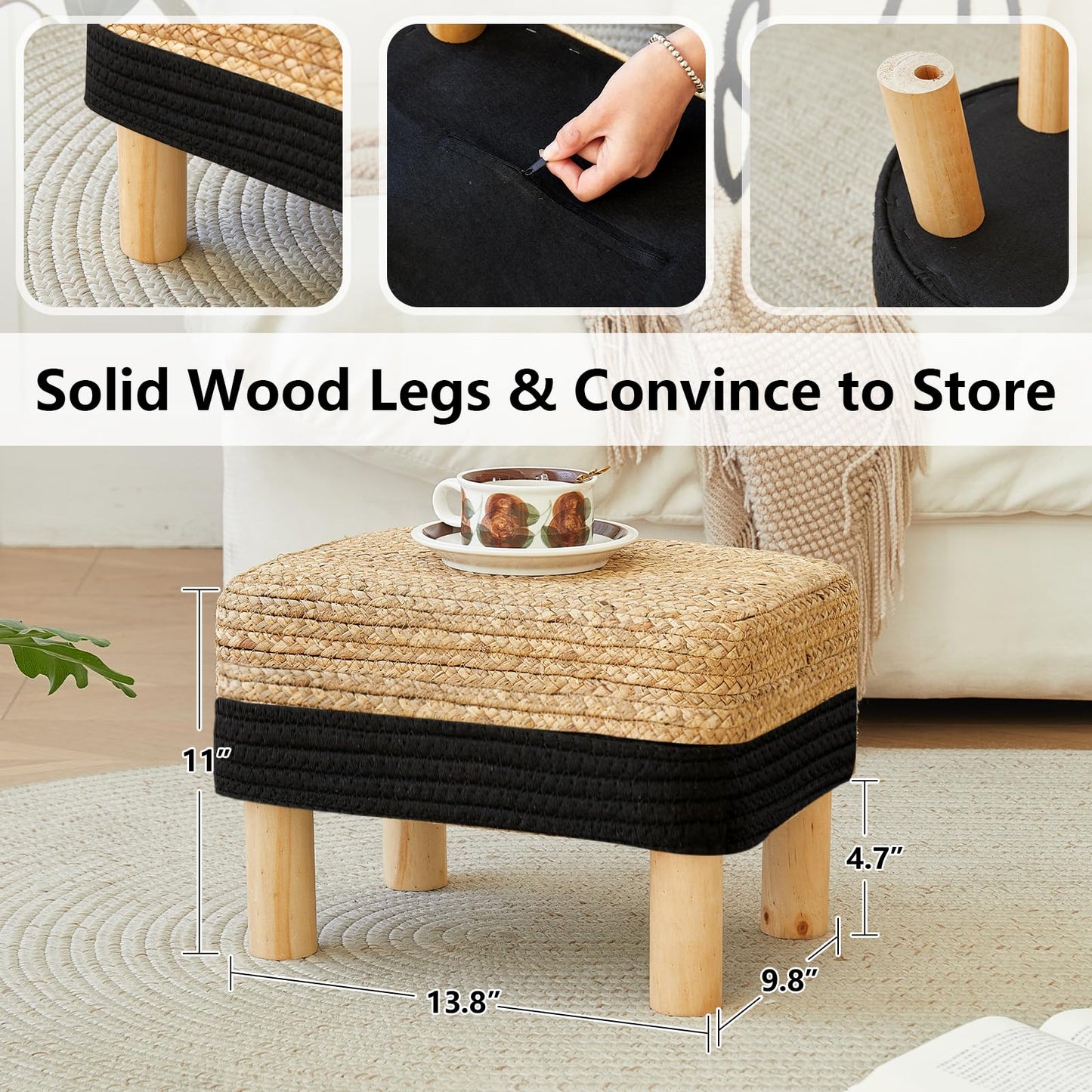 ALeesing Ottoman Foot Stool Rectangular Footrest Natural Seagrass Footstool with Wooden Legs Hand Weave Multifunctional Modern Dressing Stool, Sofa Side Table for Bedroom for Living Room (Black)
