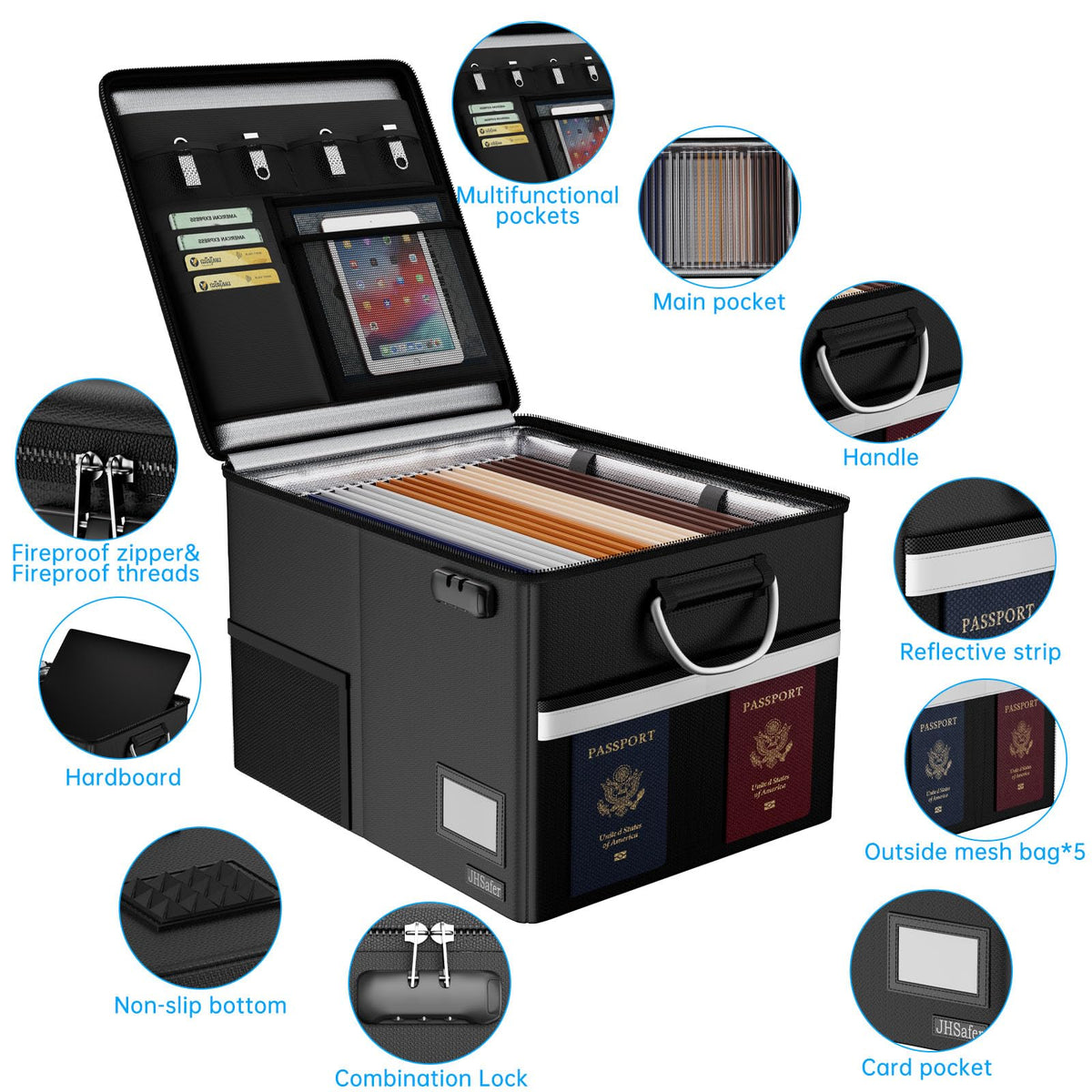 JHSafer 5200℉ Fireproof Document Box with Lock, Waterproof File Organizer with Handle, Portable Collapsible Filing Cabinet with Reflective Strip for Hanging Letter/Legal Folder, Black