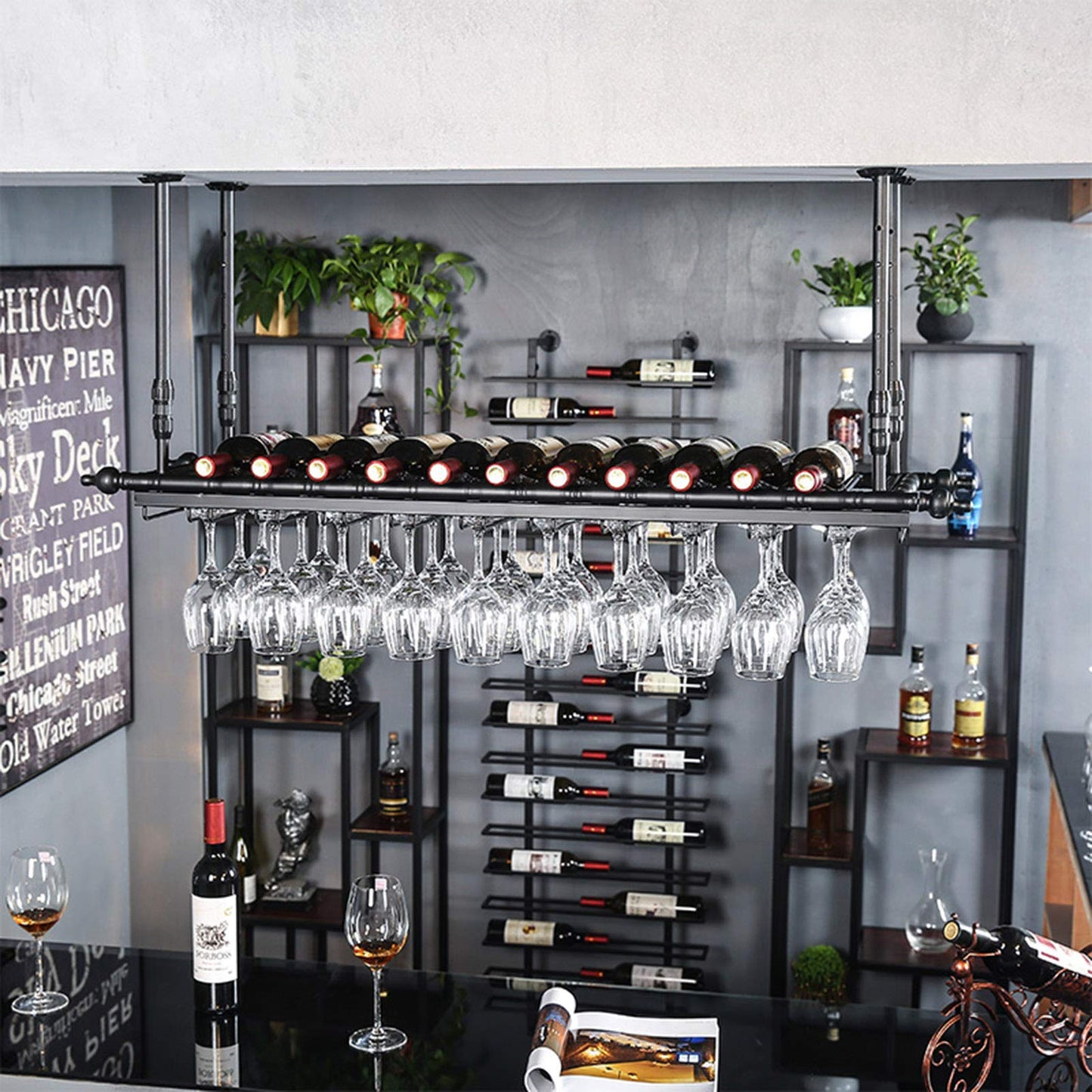 WJDREPKHY Wine Rack Wall Mounted - Bar Floating Wine Racks Adjustable Height Ceiling Mounted Wine Shelf Bottle Holder with Glasses Cups Rack for Restaurant Cafe(Black)