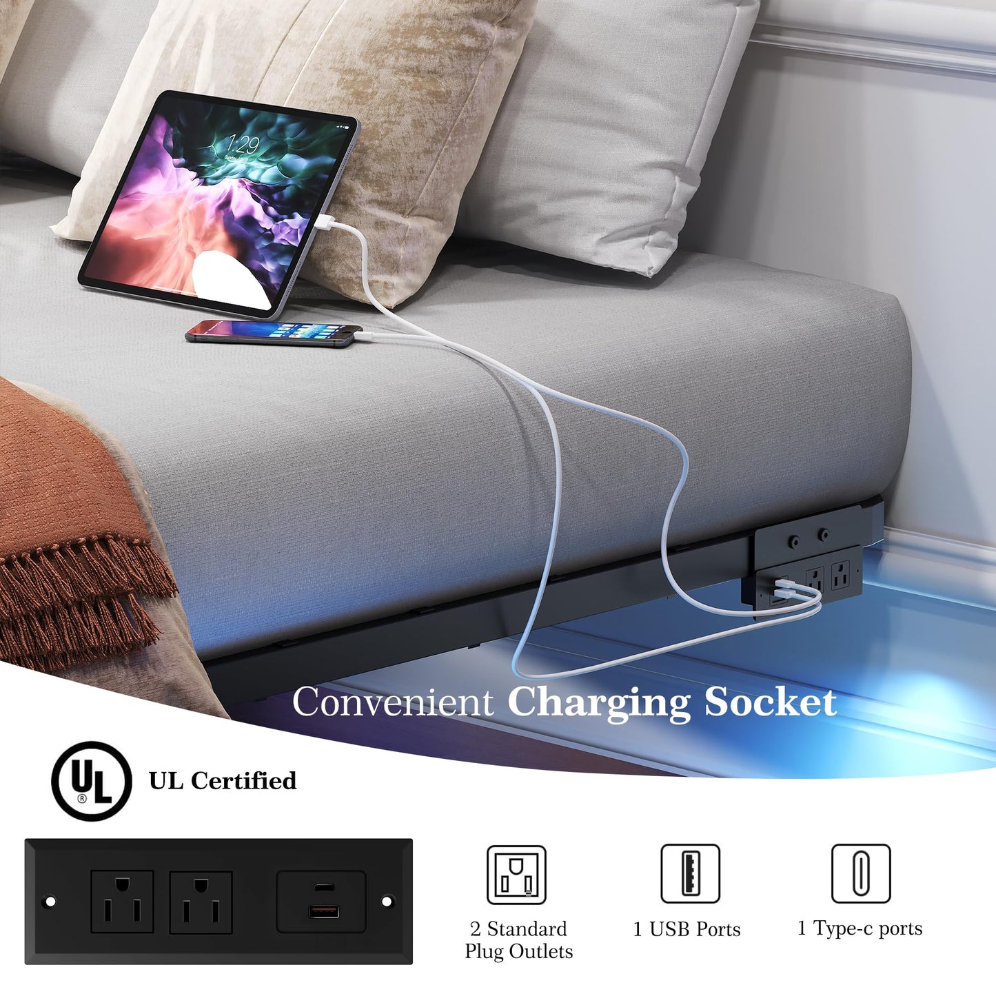 FSJianYi Floating Bed Frame with LED Lights and Charging Station - Modern Metal Platform Bed Frame - Noise Free No Box Spring Needed and Easy Assembly (Full)