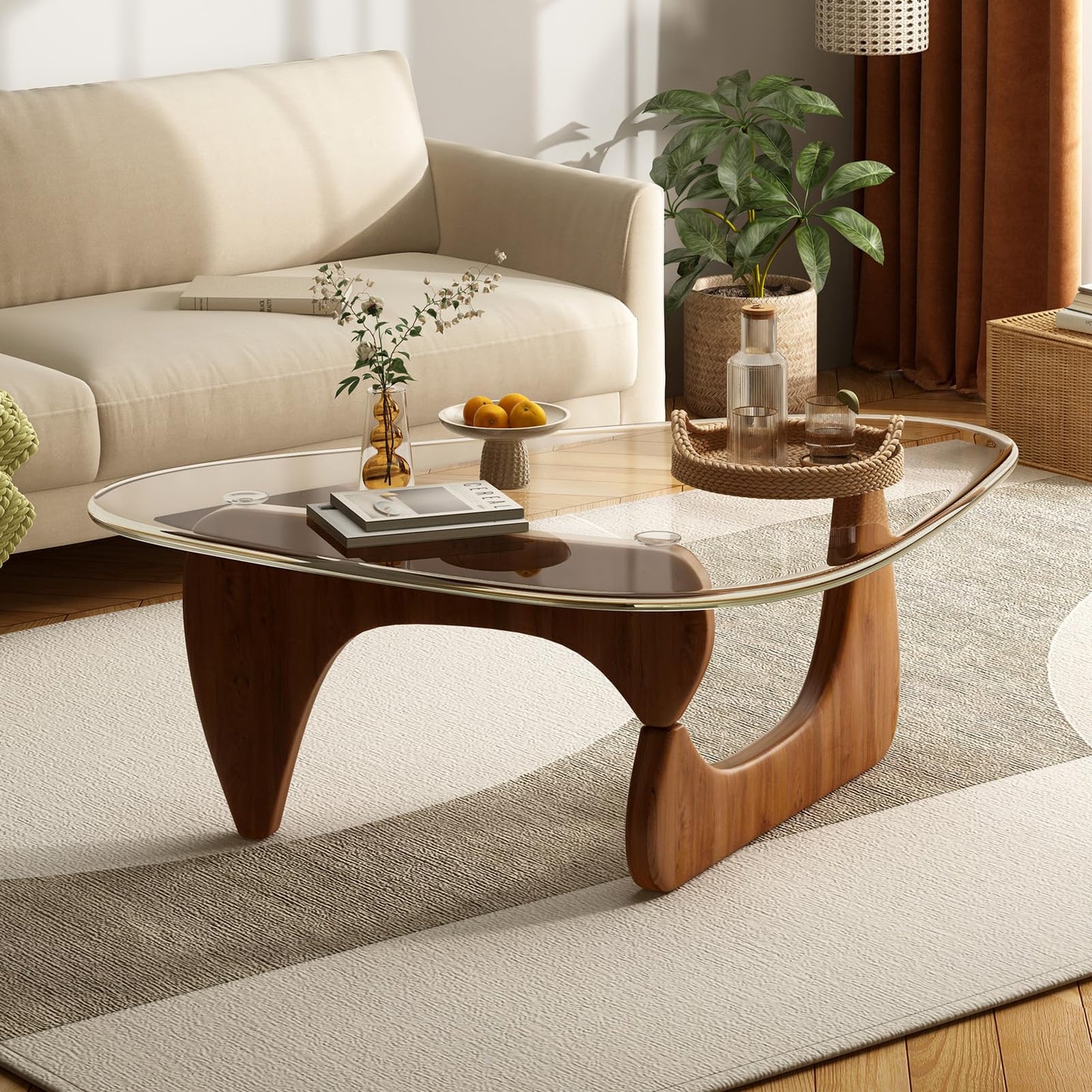 JCAJCA Coffee Table for Living Room Mid Century Modern Center Table with Glass Top and Wood,36 Inch, Transparent/Walnut