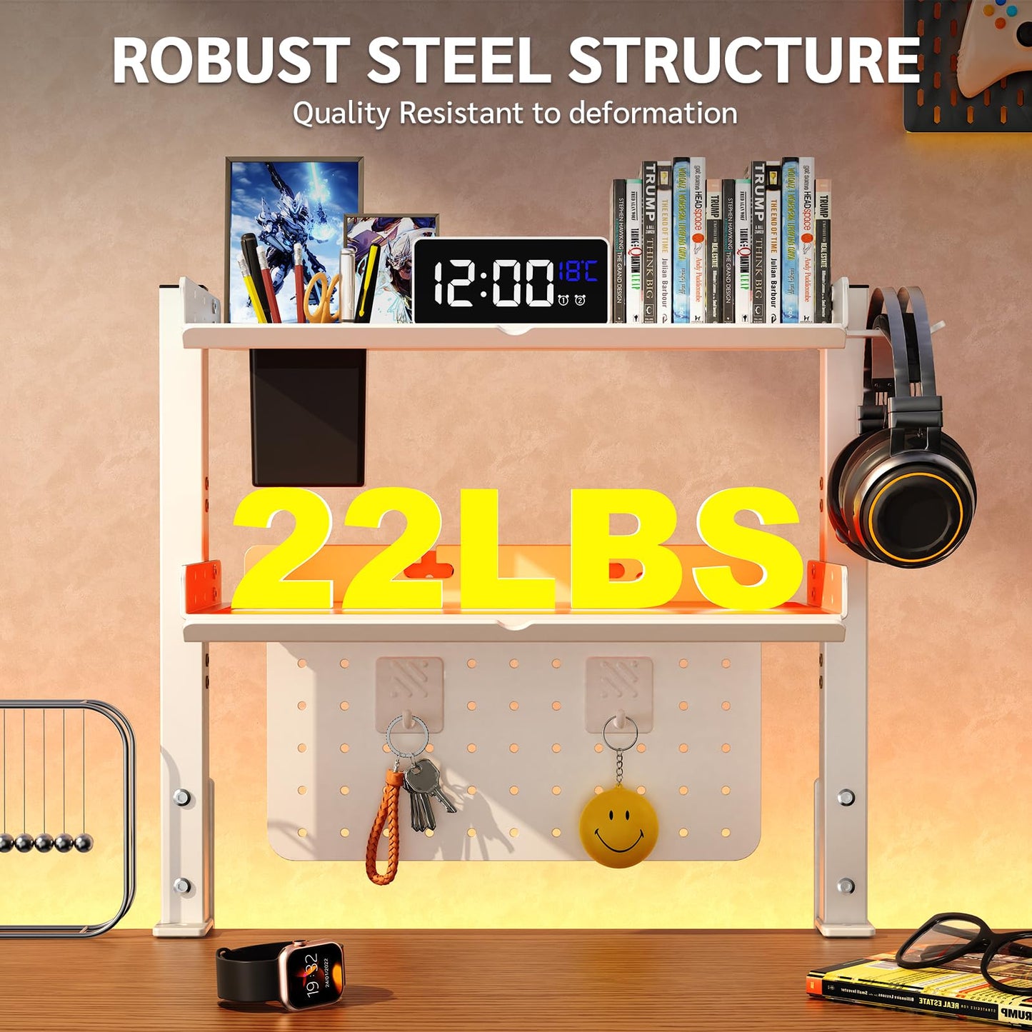 2-Tier Steel Clamp On Desk Shelf, Adjustable 16 inch Desk Storage Shelves with Pegboard and Pencil Holder,Above or Under Heavy Duty Desktop Organizer with Headphone Holder for Desk Accessories (White)