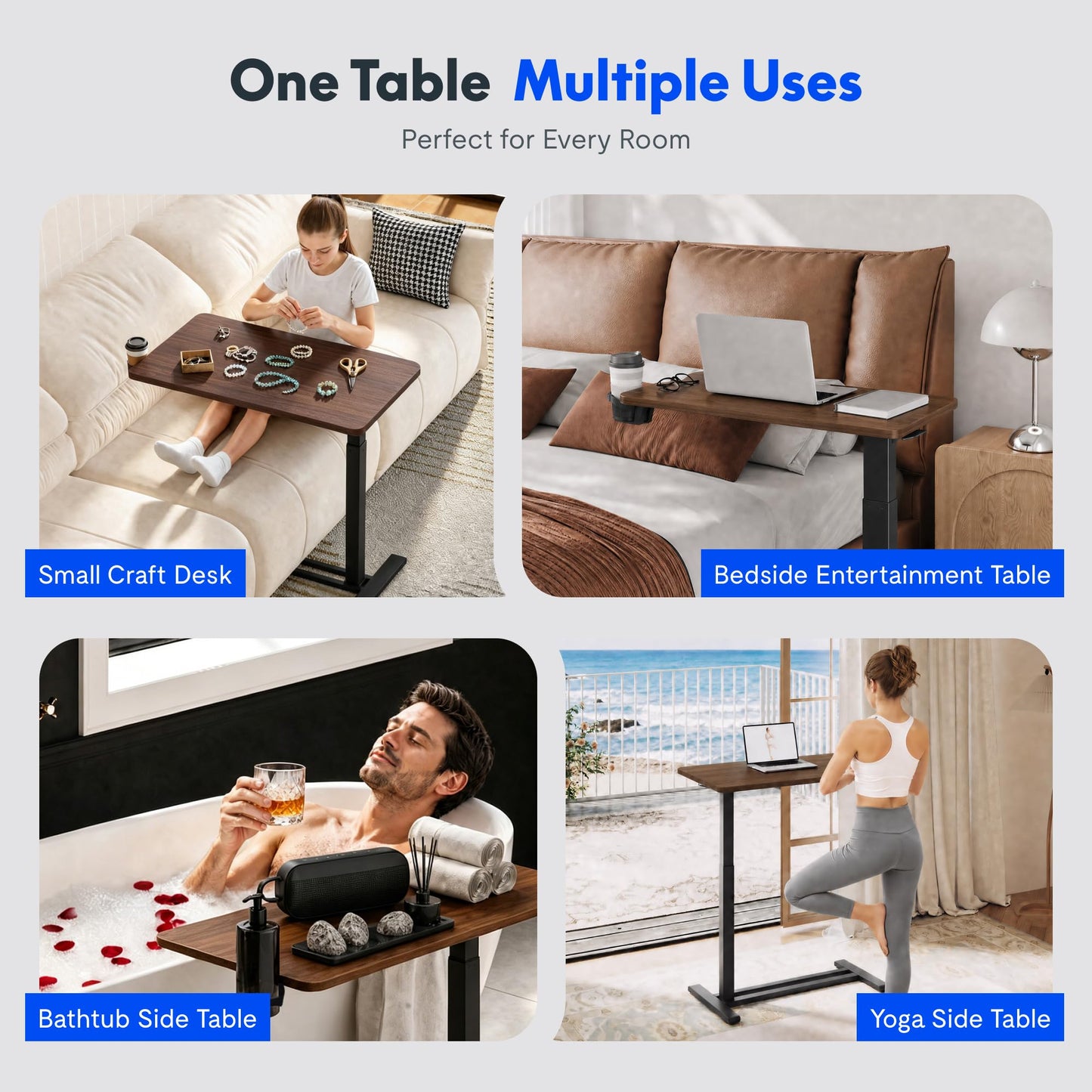 FLEXISPOT H7 Adjustable Overbed Bedside Table with Wheels Pneumatic Mobile Standing Desk Laptop Desk Rolling Computer Cart Movable Table Hospital Home Use(27.6" W x 15.7" D, Mahogany Table)