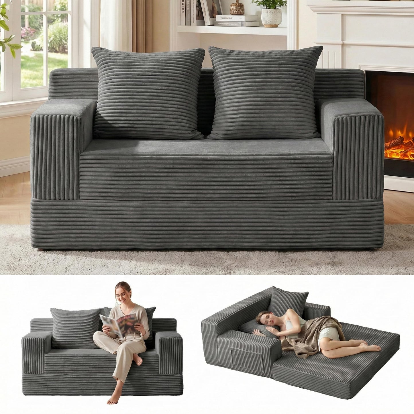 Erament Convertible Sofa Bed, Loveseat Folding Floor Futon Sleeper Sofa Couch Bed- Boneless Foldable Couch, Corduroy Pull Out Sofa Bed with 2 Pillows for Living Room & Bedroom