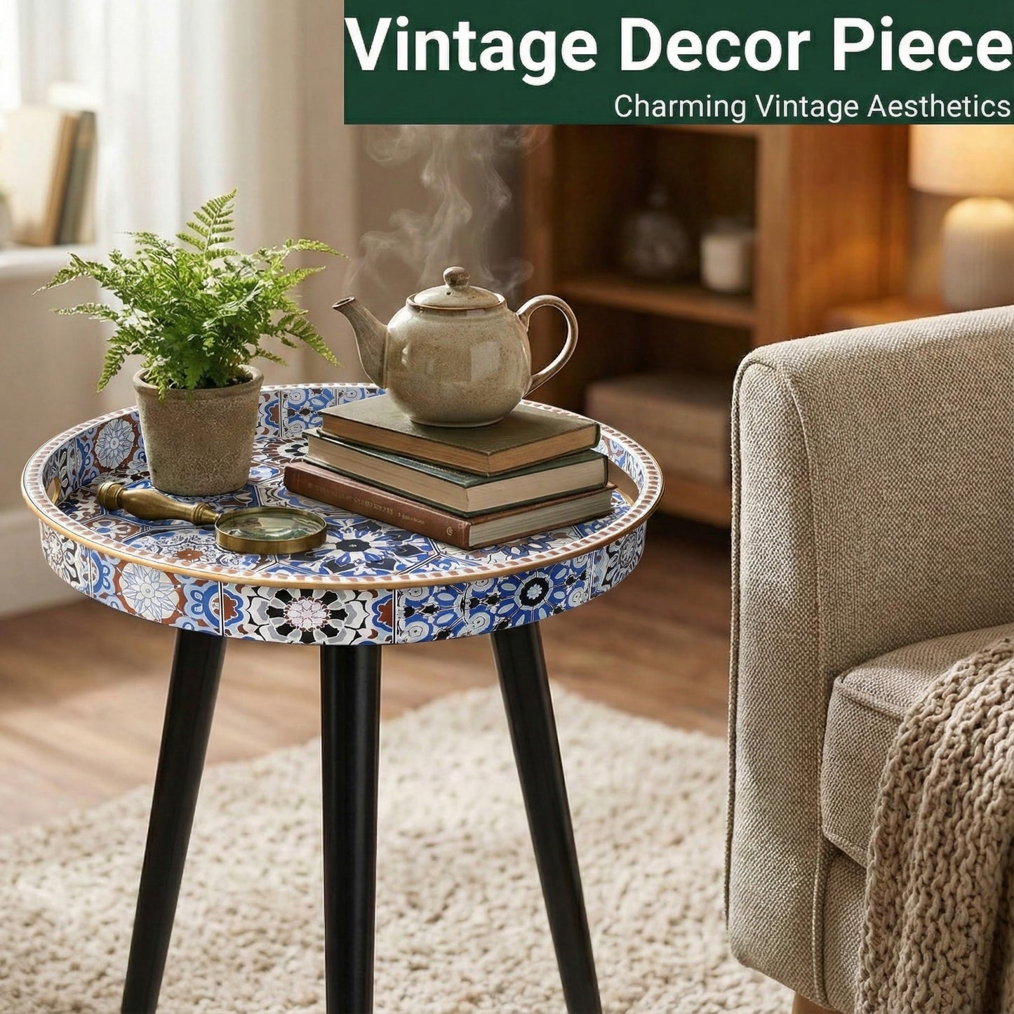 Zosenley Round Indoor Side Tables with Detachable Wooden 3 Legs, Versatile Tray Table, Perfect for Round Coffee Table Tea, and Relaxation Time 17.7 Inch (33 Bohemian)
