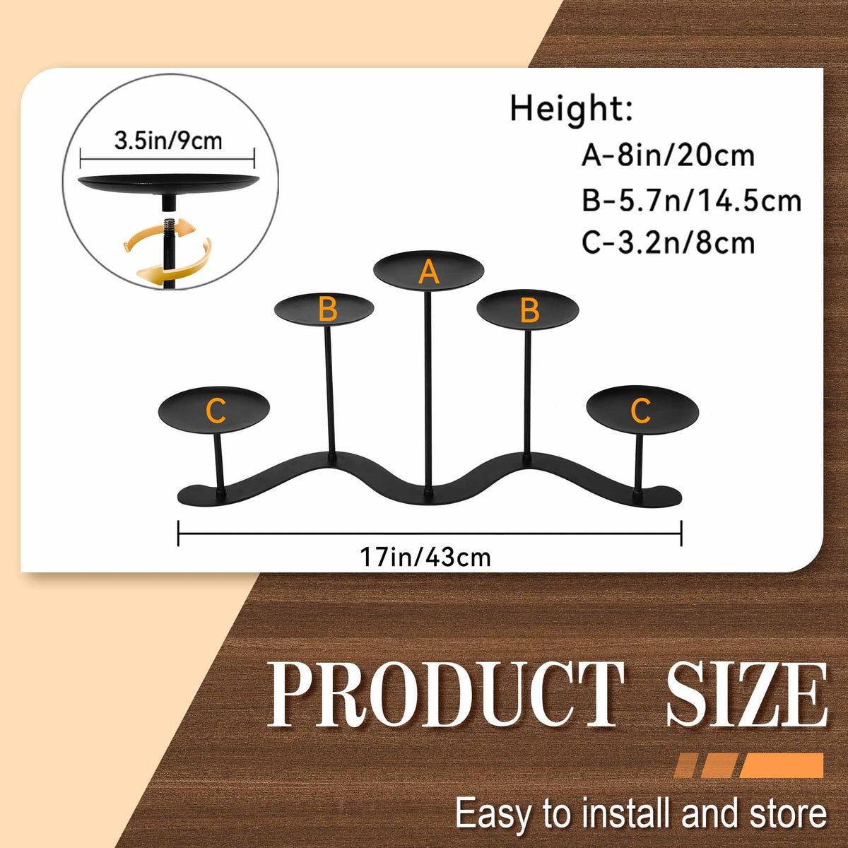Adjustable Candelabra Candle Holder: 5 Candle Iron Candelabra Fireplace Candle Holder for Pillar Candles, Black
