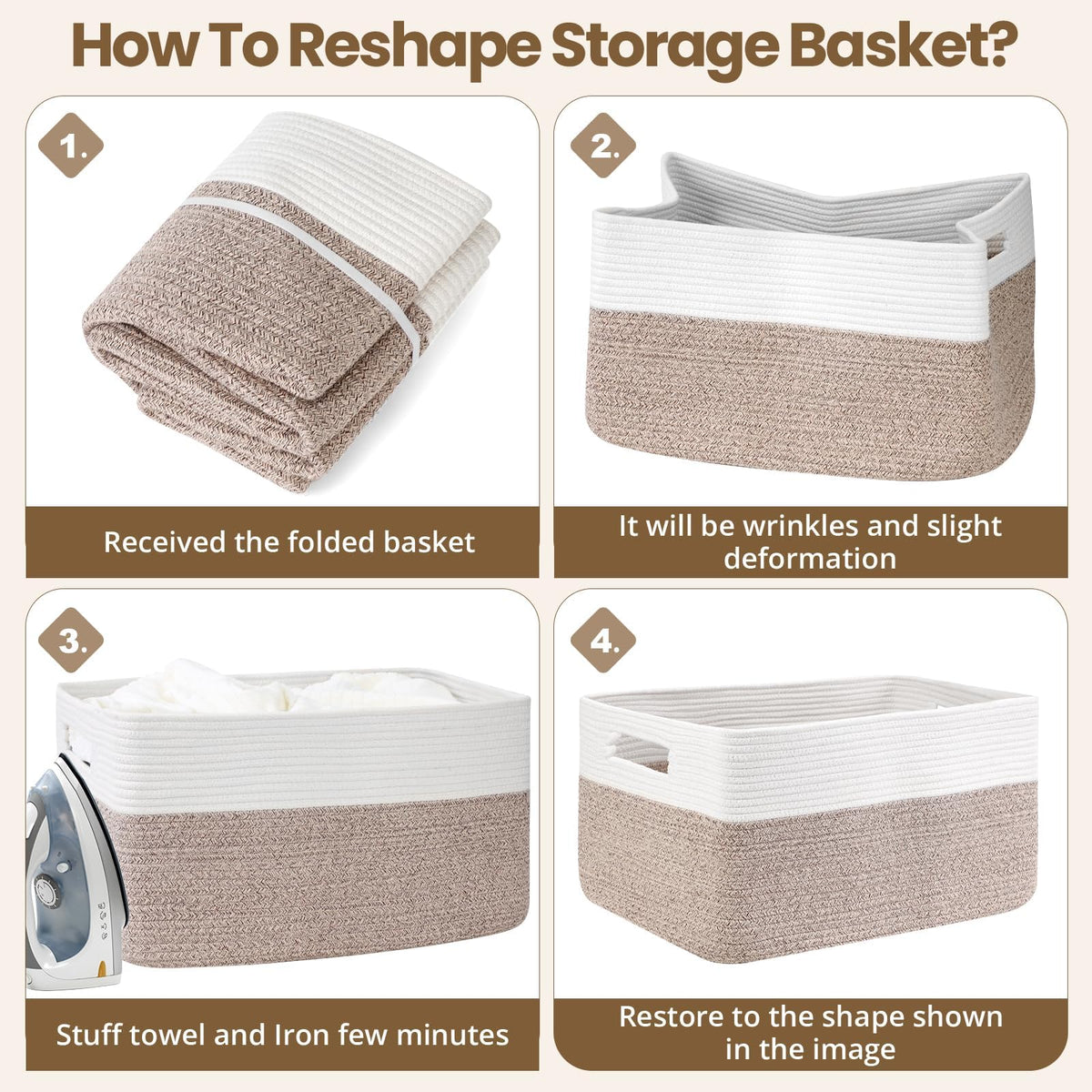 Optish 75L Large Blanket Basket, Woven Storage Baskets with Reinforced Handles, Rope Laundry Basket for Living Room, Bedroom, Nursery, Toys, Clothes,Pillows, 22” x 17” x 11.5”, White & Brown