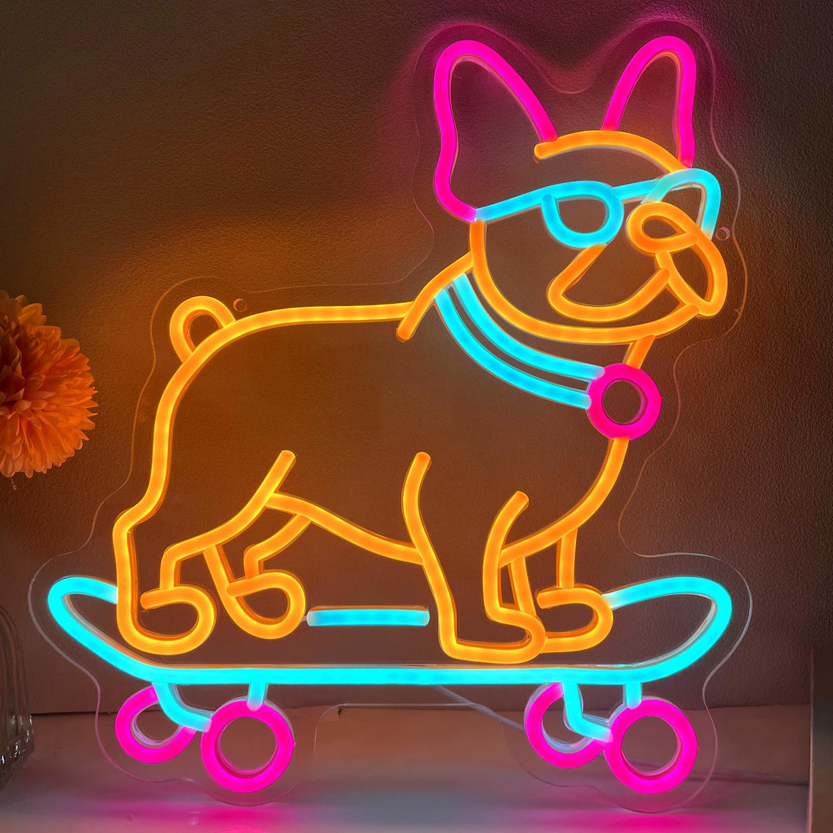 Bulldog Skateboarding Neon Sign, Cute French Bulldog Dimmable Led Neon Night Lights Up Animal Decor for Bedroom Living Room Man Cave Home Bar Wall Decoration, Birthday Party Gifts Christmas for Kids Girls Boys Adults (Dog)