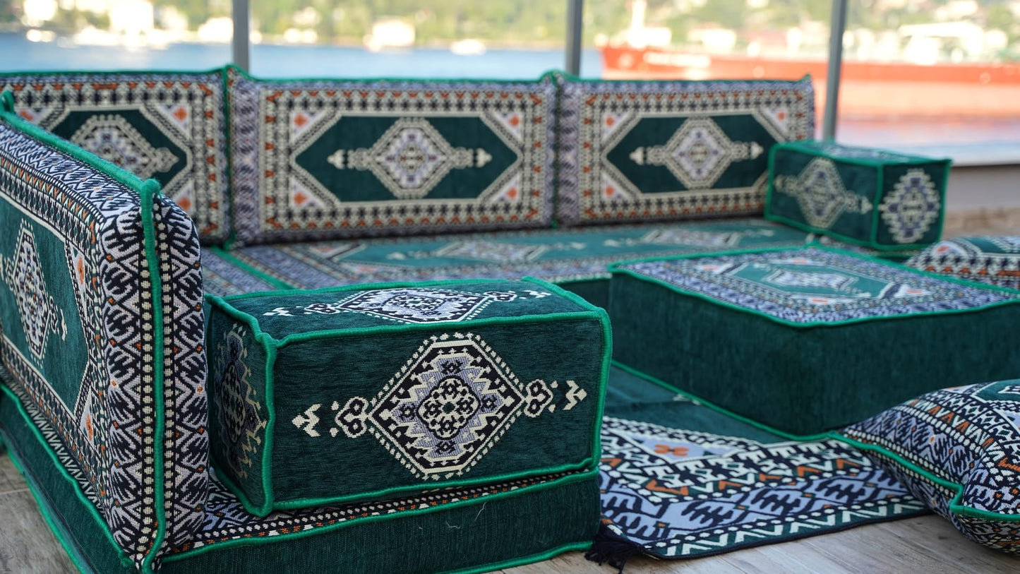 ArabicSofa L Shaped Arabic Floor Cushions, Sectional Sofa, Arabic Majlis Set, Custom Made Sofa, Green, 4'' Thickness, L Sofa Full Set
