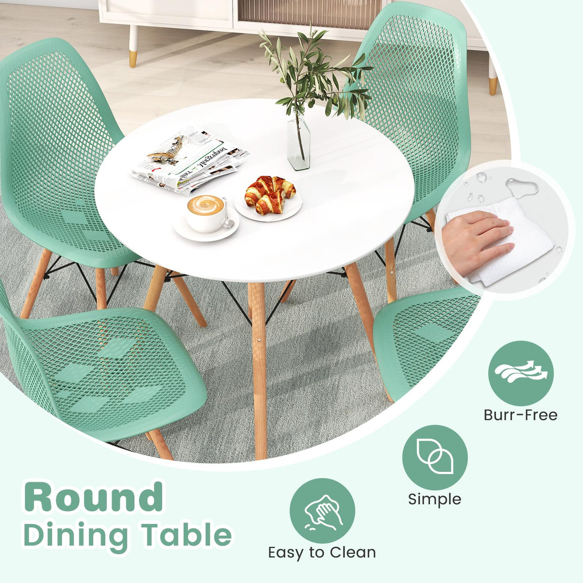 Giantex Round Dining Table Set for 4, 31.5" Kitchen Table and Chairs with Solid Wood Legs, Mesh Plastic Seats, Metal Frame, Space Saving Dinette Set for Apartment, Home Office (White+Green)