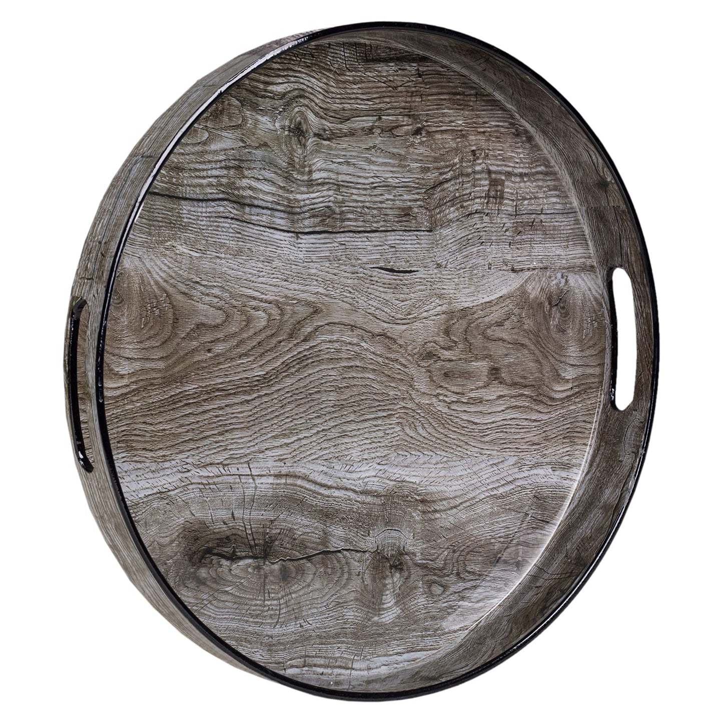 MAONAME 13" Round Decorative Tray, Plastic Tray with Handles, Coffee Table Trays, Serving Trays for Ottoman, Bathroom, Kitchen (Sticker Wood Grain)