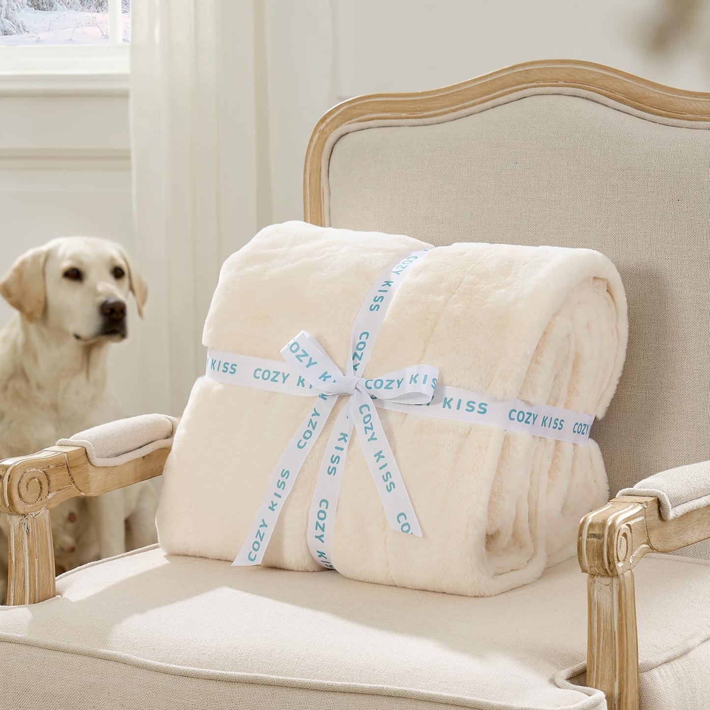 COZY KISS Luxury Faux Fur Throw Blanket Twin, Ultra Soft Waterproof Pet Blanket, Cozy Warm Plush Blanket for Bed Sofa Bedroom Living Room, Liquid Pee Proof for Large Dog or Cat, 60x80 inch, Cream