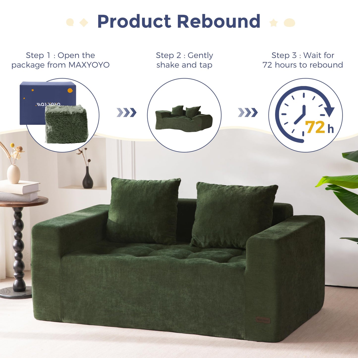MAXYOYO Modular Sofa Couch, 61" Loveseat Boneless Cloud Couch with Deep Seat, Chenille Upholstered Living Room Comfy Sofa Chair for Living Room, No Assembly Required, Dark Green