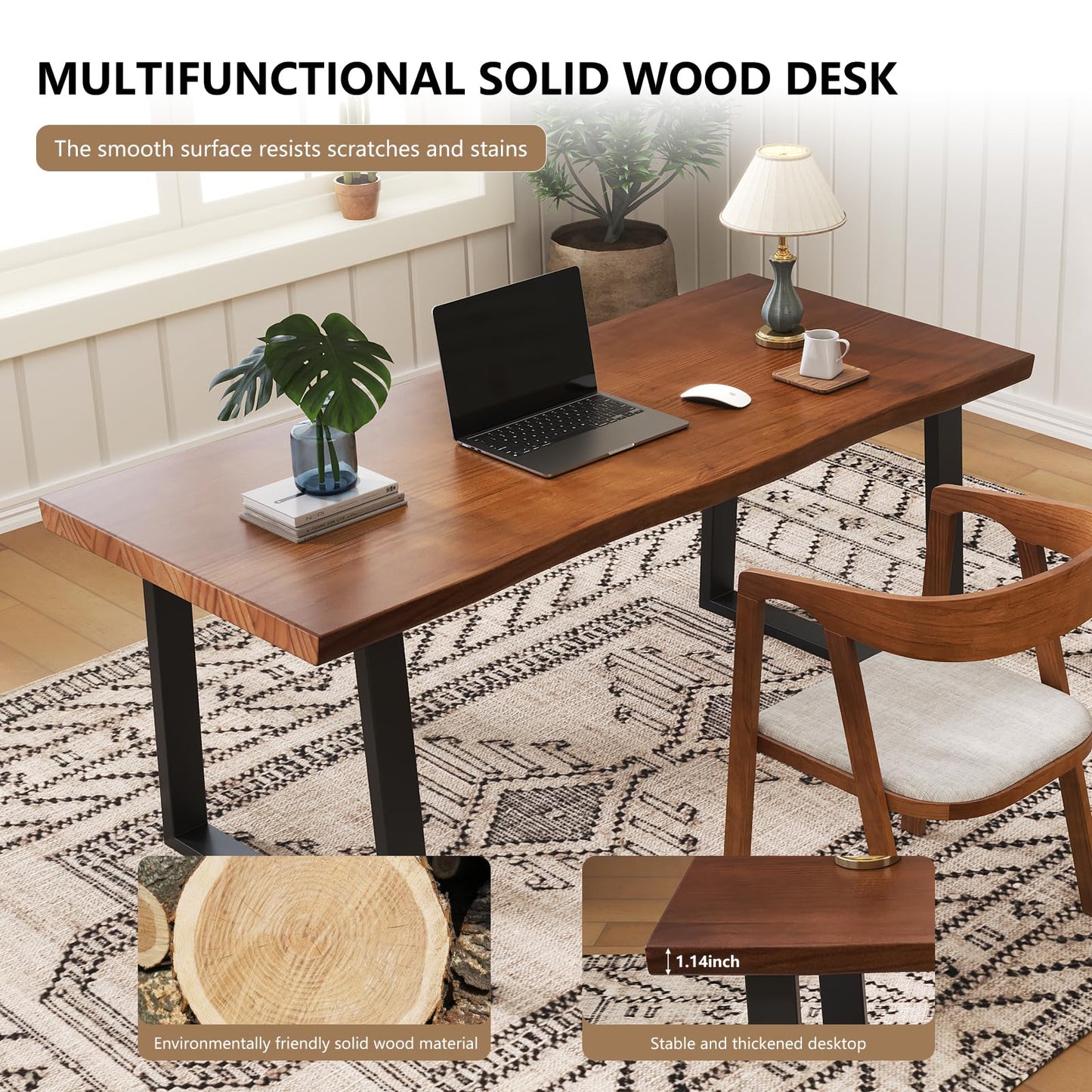 wangbochuan Solid Wood Administrative Computer Desk - Rustic Style Large Office Desk, Modern Minimalist Workstation for Home, Ideal for Learning, Writing, and Professional Use (Dark Yellow, 55.12in)