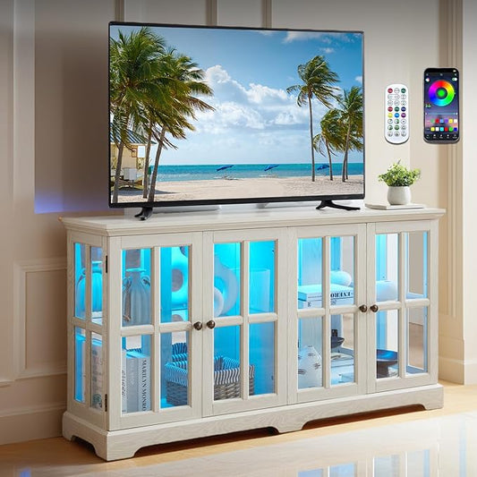 59" W LED Curio Cabinet with 7 Color Lights, Vintage Glass Display Case with