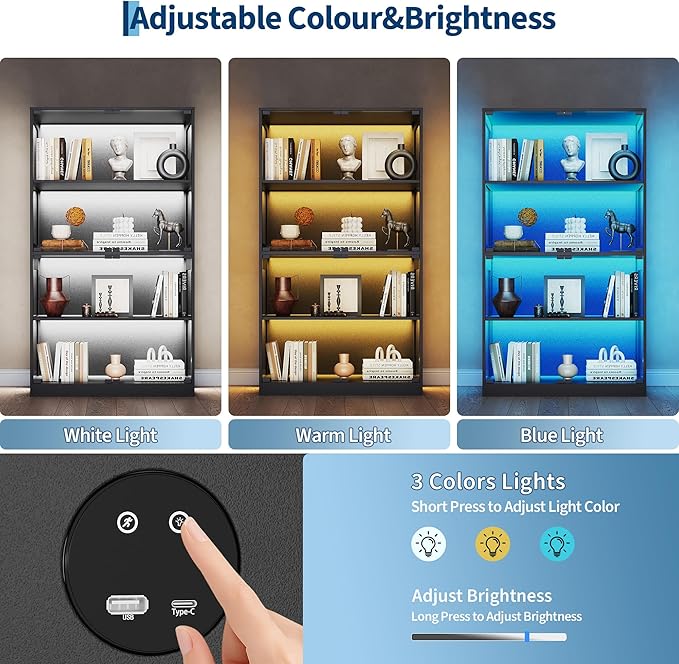 IDEALHOUSE Glass Display Cabinet 4-Tier, Curio Cabinets