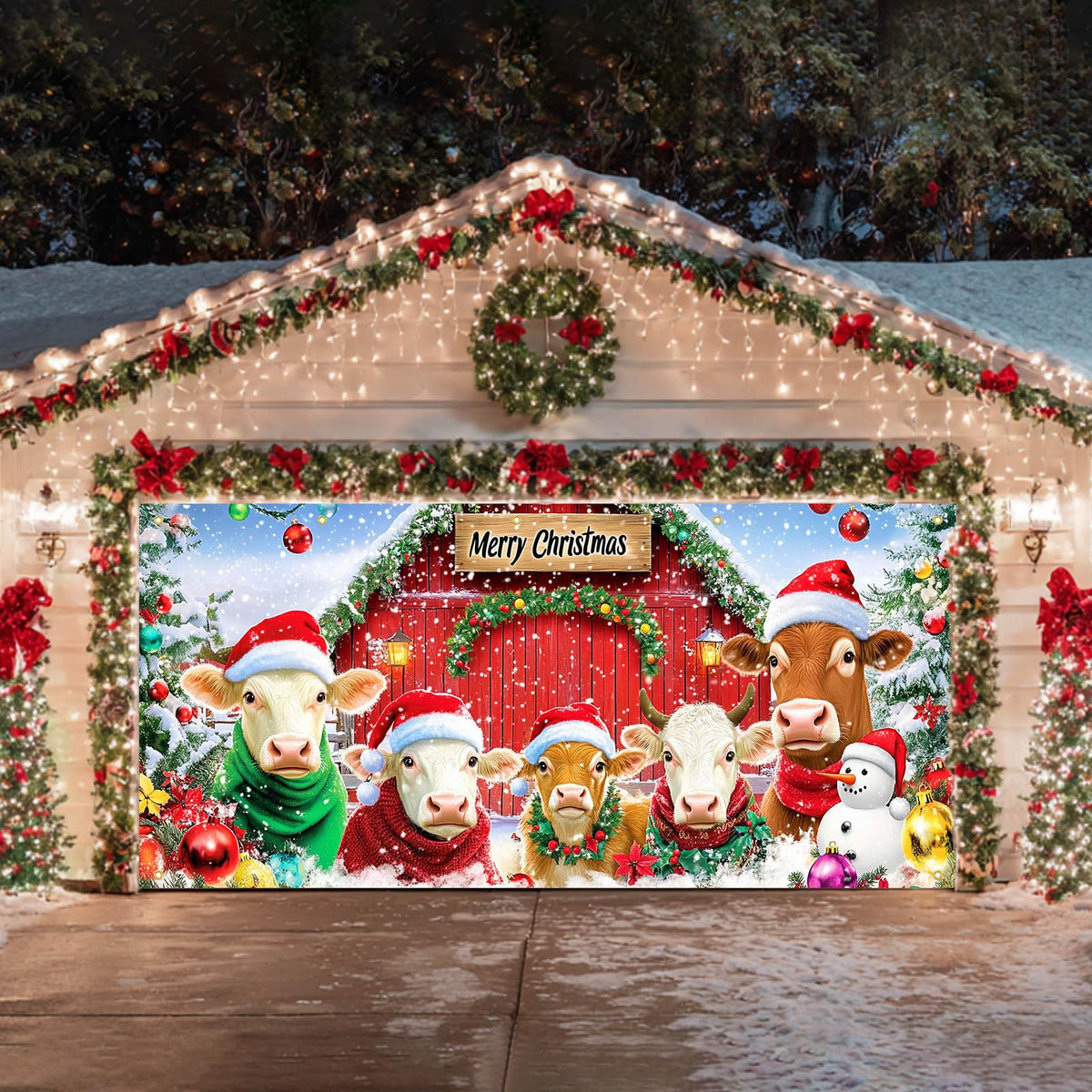 HOMETITUTE Merry Christmas Garage Door Banner 13x6ft Cows Farm Animals Barn Theme Backdrop Banners for Inside Winter Door Cover Banners for Outside Garage Wall Covering Party Decorations