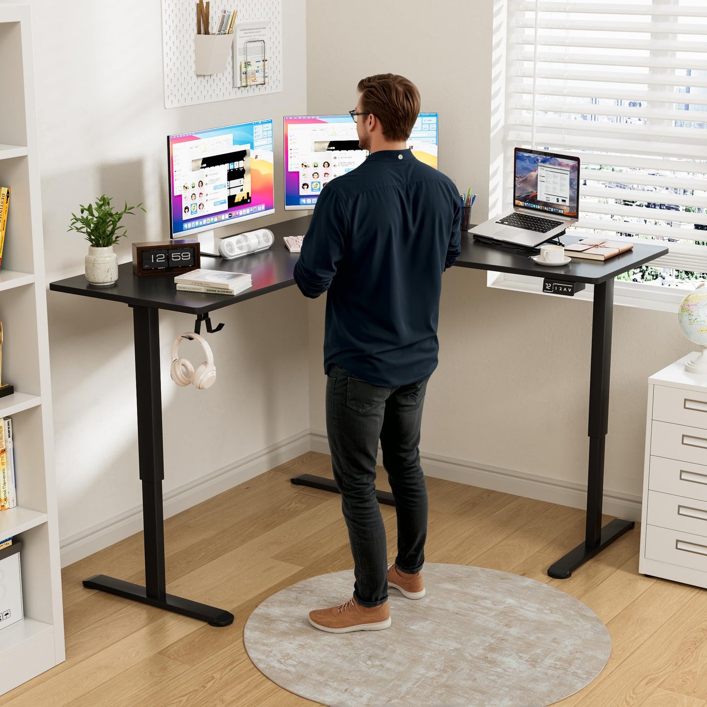 Furmax 63 x 55 Inch L Shaped Standing Desk with 2 Preset Heights, Electric Height Adjustable Computer Table, 2 Hooks & Feet Balance, Corner Sit Stand Desk for Home Office (Black, 63 x 55 Inch)