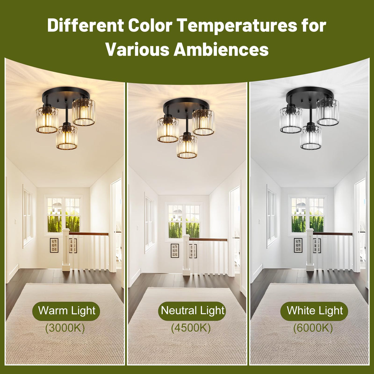 Btvsd 3-Light Crystal Semi Flush Mount Ceiling Light, Black Kitchen Lighting Fixtures Ceiling, Modern Hallway Light Fixtures with Clear Crystal Shades, Close to Ceiling Lamp for Bedroom Foyer Entryway