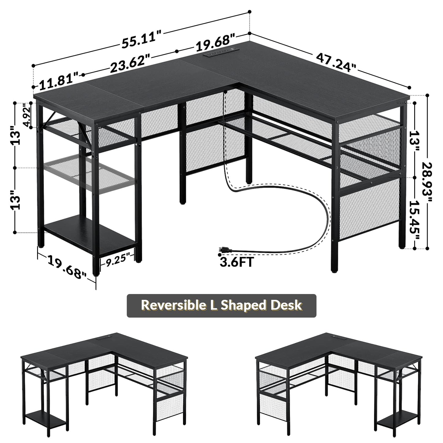 Unikito L Shaped Desk with USB Charging Port and Power Outlet, Reversible L-Shaped Corner Computer Desk with Storage Shelves, Industrial 2 Person Long Gaming Table Modern Home Office Desk, Dark Black