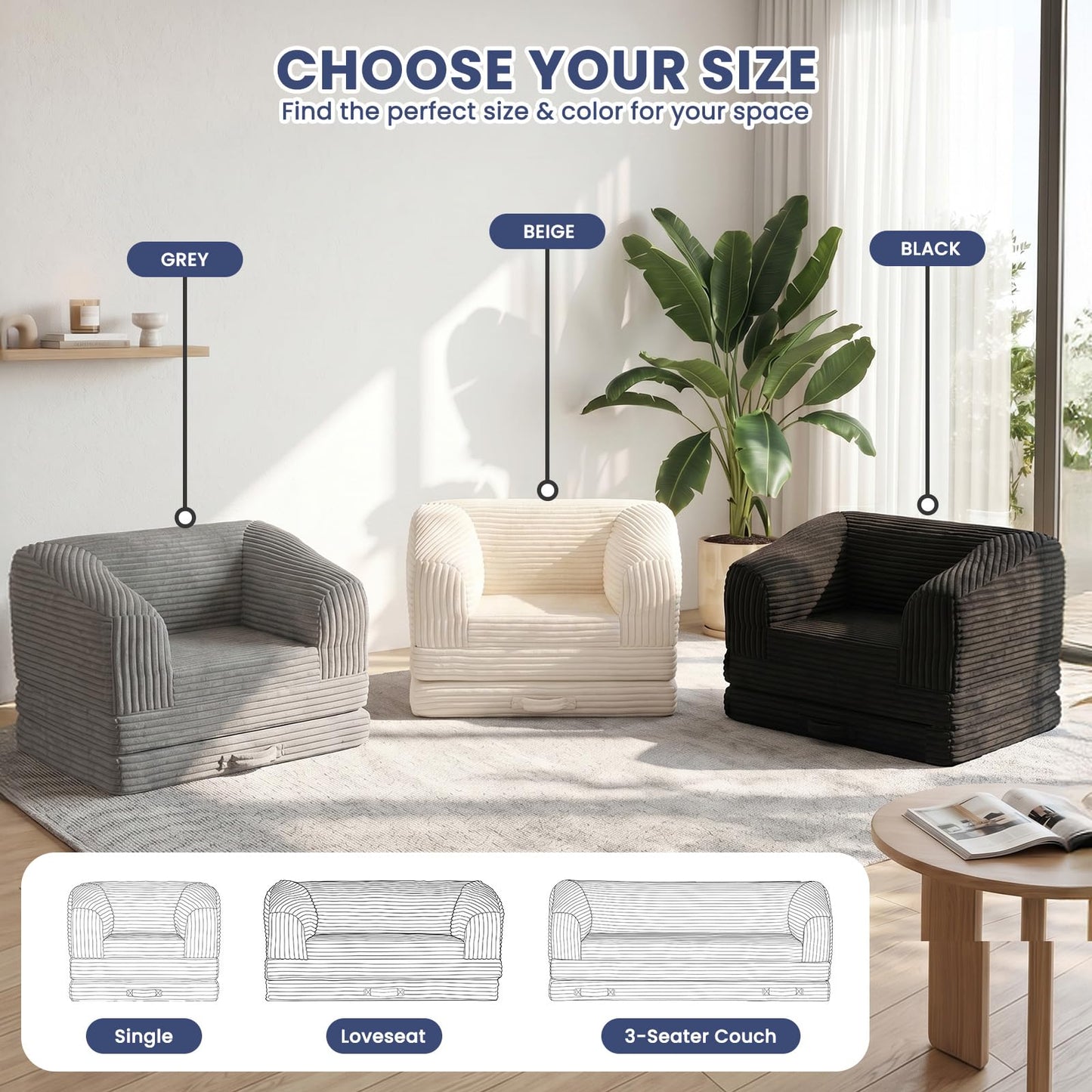 AOLVDOW Convertible Folding Sofa Bed, 2-in-1 Single Boneless Sofa with Soft Corduroy & Ultra-Thick Backrest, Foldable Boneless Chair Lounger Sleeper Sofa for Small Apartment, Living Room, Home Office