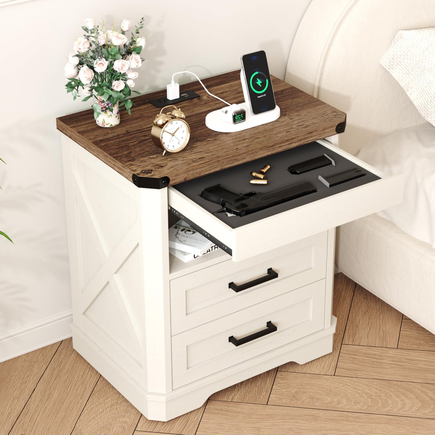 Yusong Farmhouse Night Stand with Gun Drawer & Invisible Lock, Rustic Wooden Night Stand with Charging Station, Beside Table with Drawers and Open Storage, End Tables for Bedroom, (White 004)