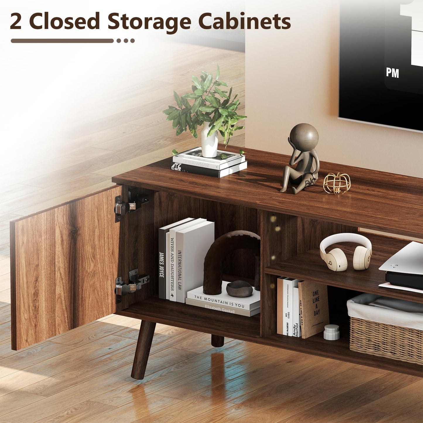 YOSHOOT TV Stand for 75 inch TVs, Mid Century Modern Entertainment Center with Power Outlet,Fluted Media Console with Open Shelves and Storage Cabinets for Living Room & Bedroom, Walnut