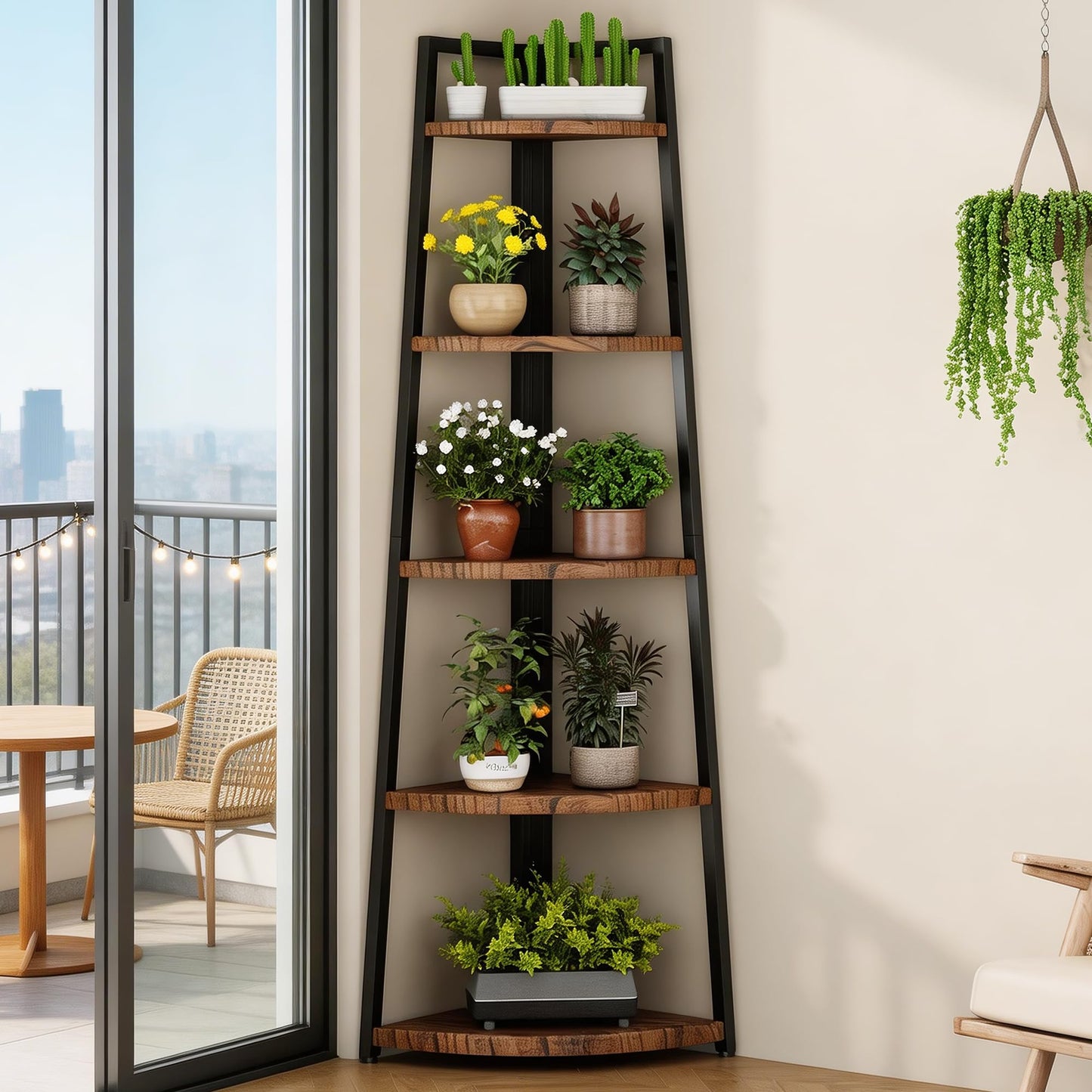 GUTECLOUD Soild Wood Corner Shelf, 5 Shelf Bookcase for Bathroom & Living Room, Tall Corner Bookshelf with Ladder Design, Space Saving Corner Bookcases (Brown)