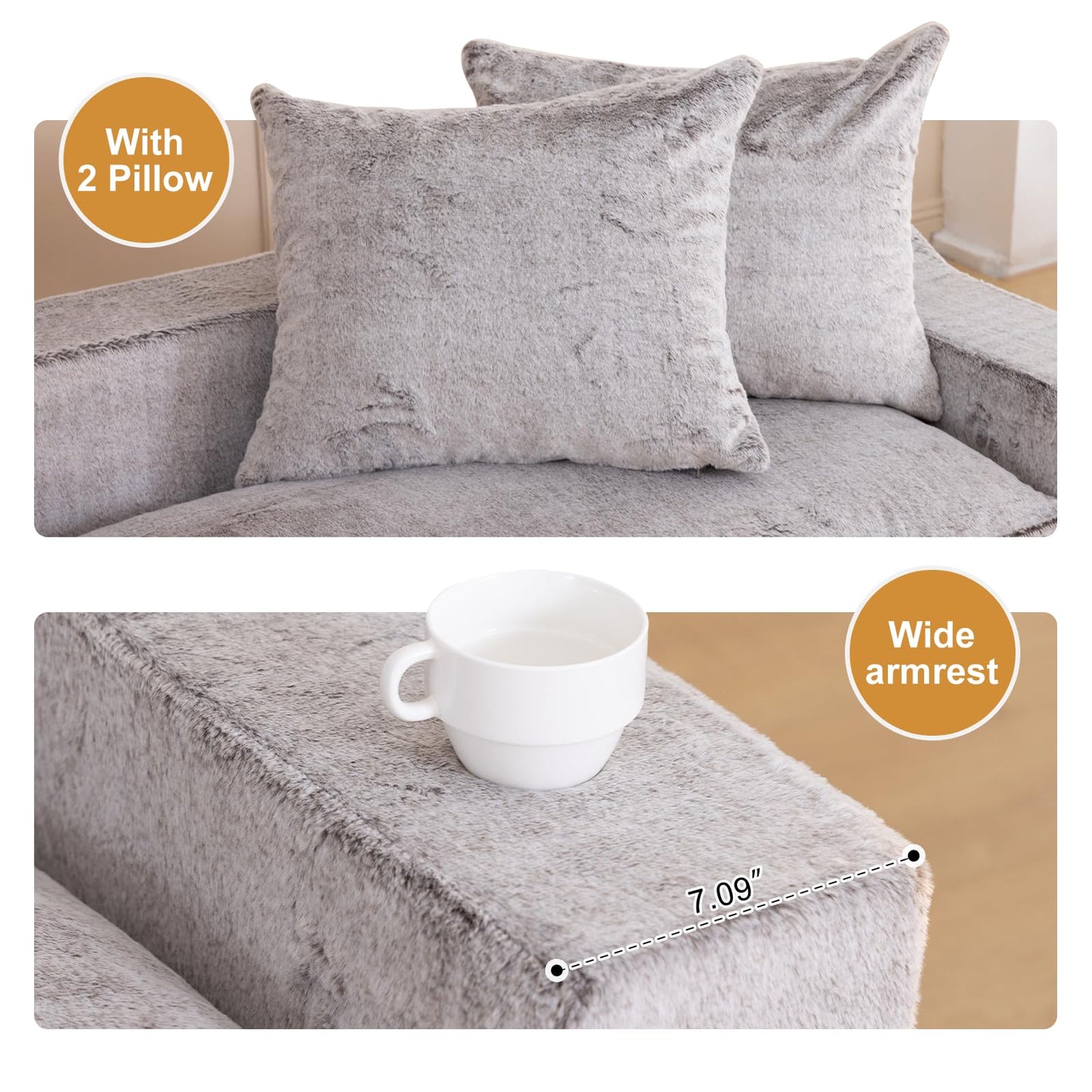 61" Convertible Sofa Bed Loveseat, Memory Foam Boneless Floor Couch with Removable Faux Fur Cover, Tri-folding Compact Full-size Sleeper for Small Living Room, Playroom, Guest Room, RV (White-Coffee)