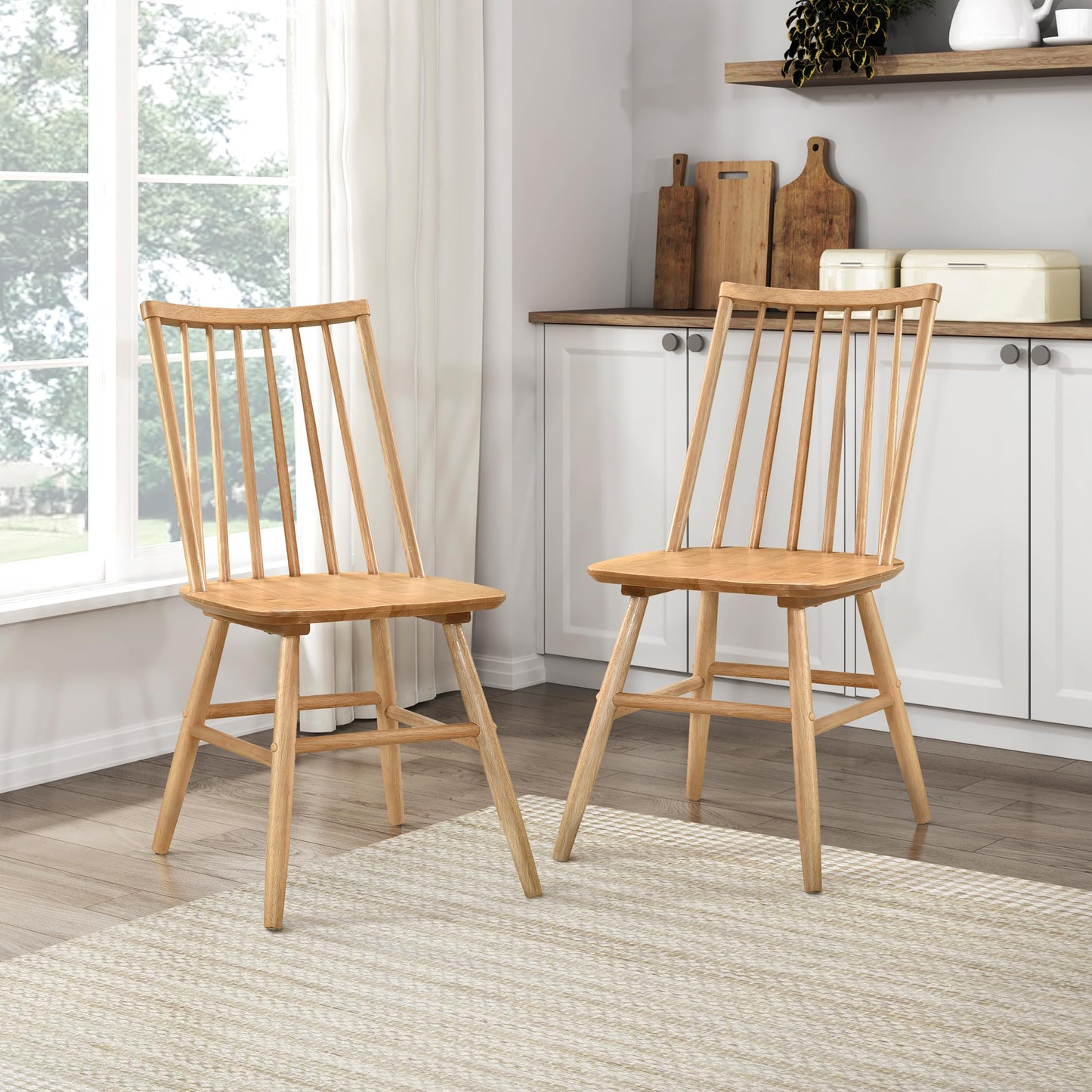 Lexicon Kitchen & Dining Room Chairs, Dining Chairs Set of 2, Spindle Back Wood Dining Chairs, Rubberwood Armless Dining Chairs, Modern Dining Chair, Easy Assembly, Natural Oak