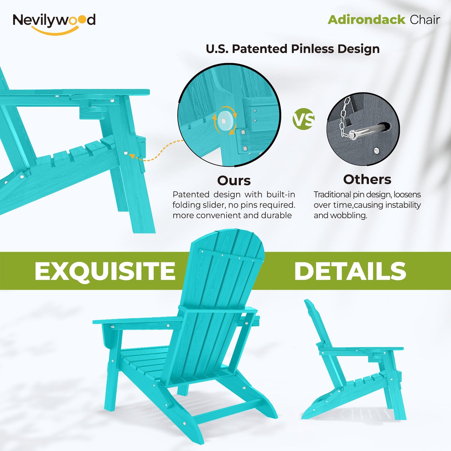 nevilywood Folding Adirondack Chair, Ergonomic, Cup Holder, 380lbs,Aruba