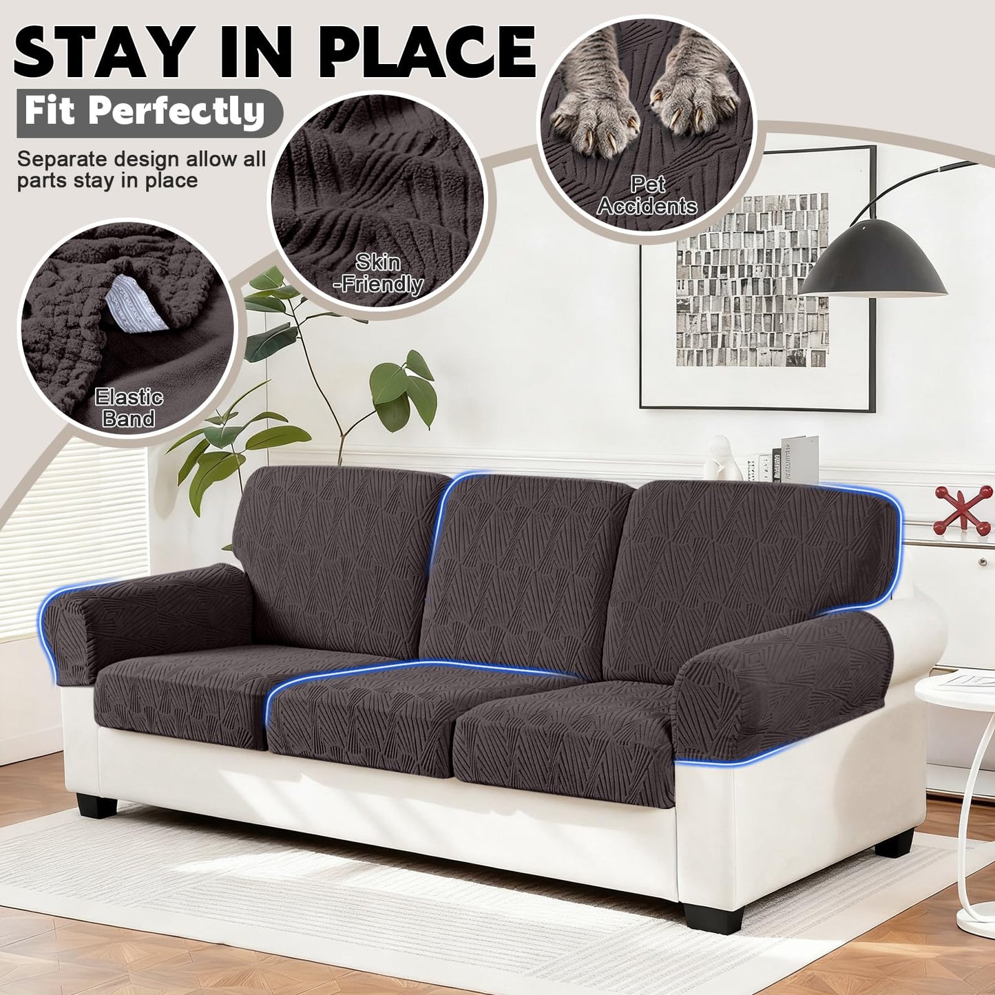 VANSOFY Couch Cushion Covers for Sectional Sofa, Stretch Jacquard Couch Seat Cushion Covers, Individual Washable Furniture Protector Sofa Slipcovers for Pet (3Pc Seater or Back Cover, Chocolate)
