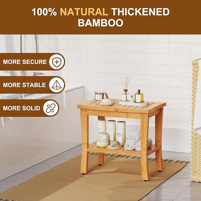 Bamboo Shower Bench Stool with Storage Shelf Waterproof Shower Chair Spa Bath