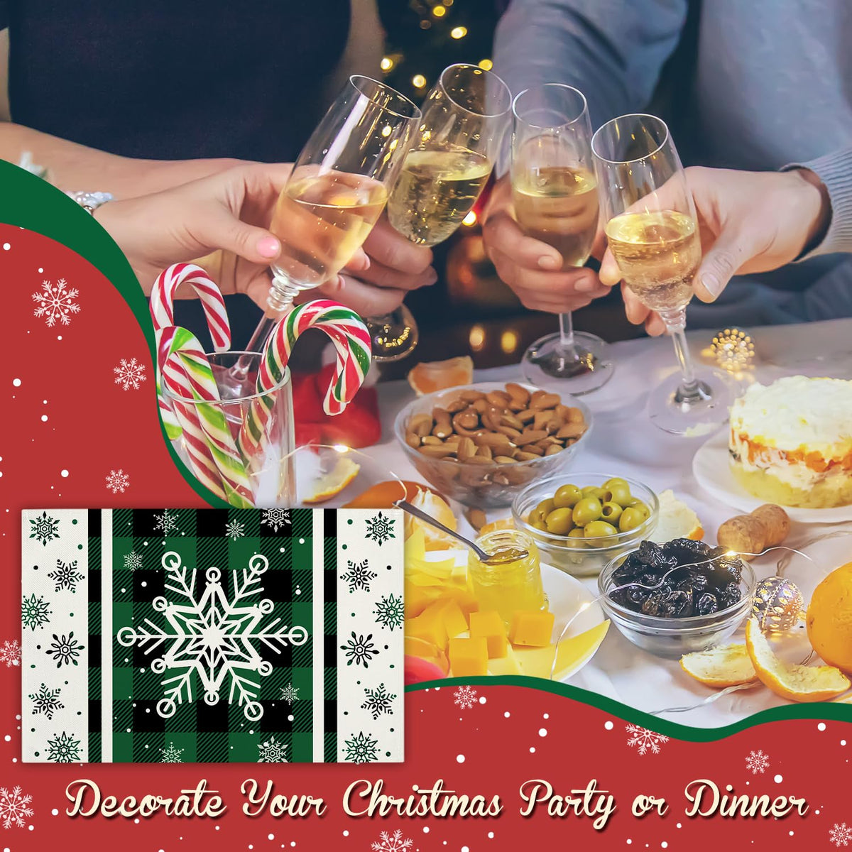 Green Christmas Snowflakes Placemats Set of 4 Winter Gifts for Christmas Women Rustic Holiday Placemats Decor for Xmas Party Outdoor Home Kitchen Dining Recyclable Table Mats 12x18 inch - DH721