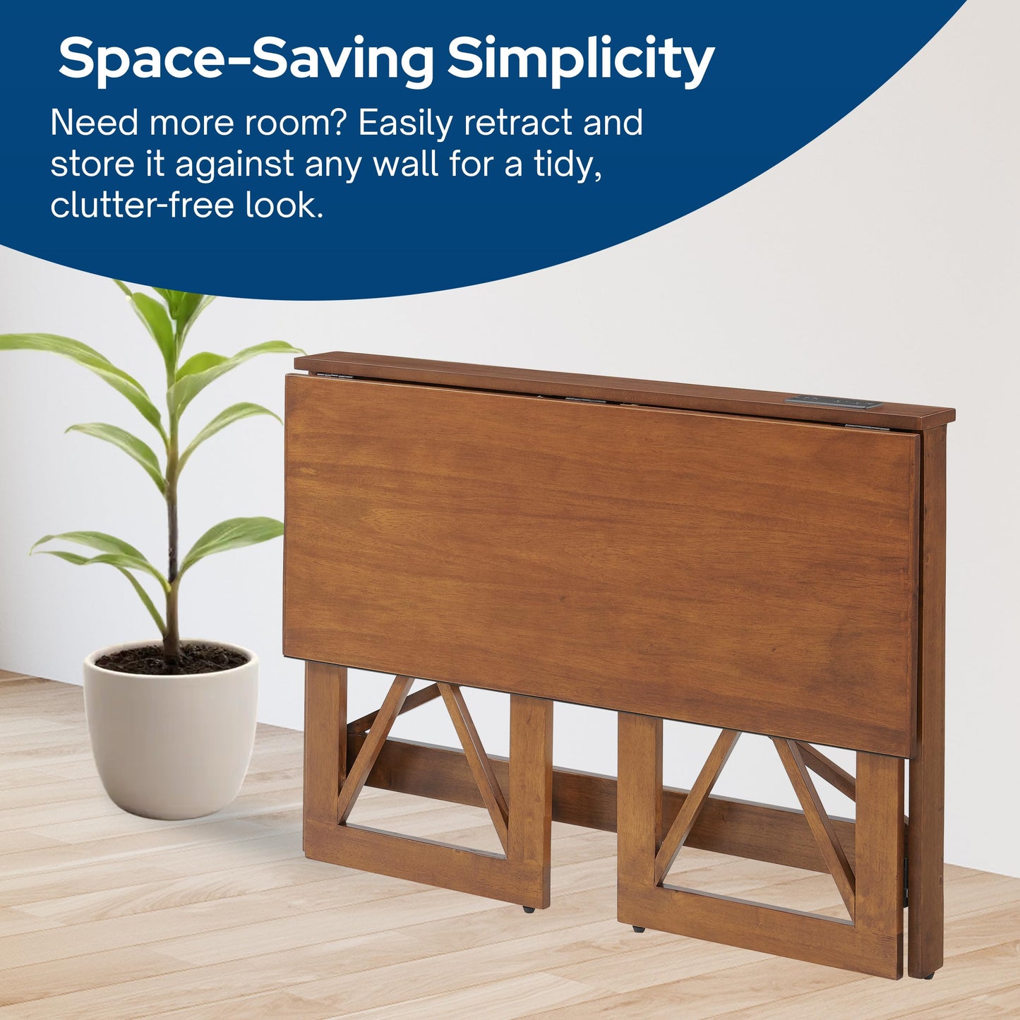 MECO Stakmore 110 Volt Stylish Versatile Expandable Folding Desk with Built in Outlets for Home Office, Den, or Living Room, Fruitwood
