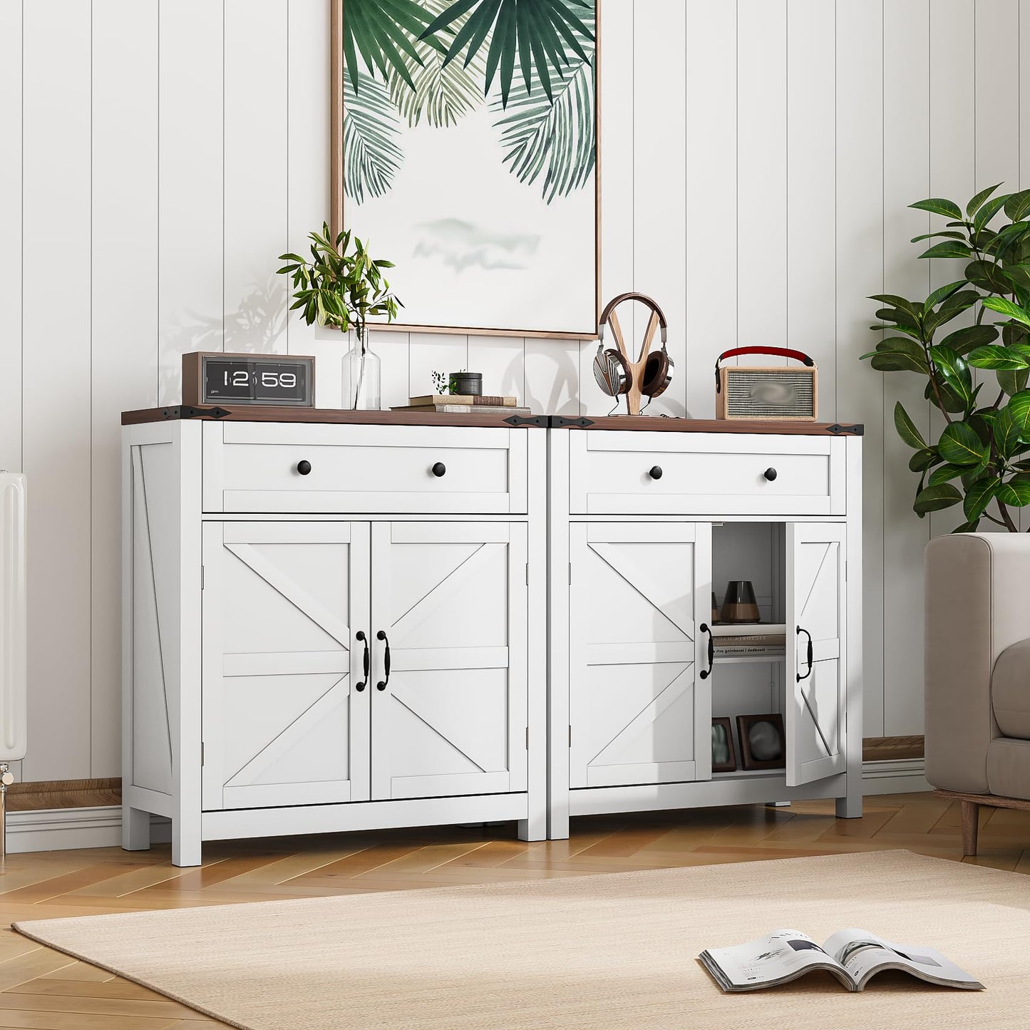 Mino Kesper Farmhouse Storage Cabinet with 2 Doors, White Kitchen Cabinet with Walnut Countertop, Freestanding Floor Storage Cabinets Hutch Cupboard