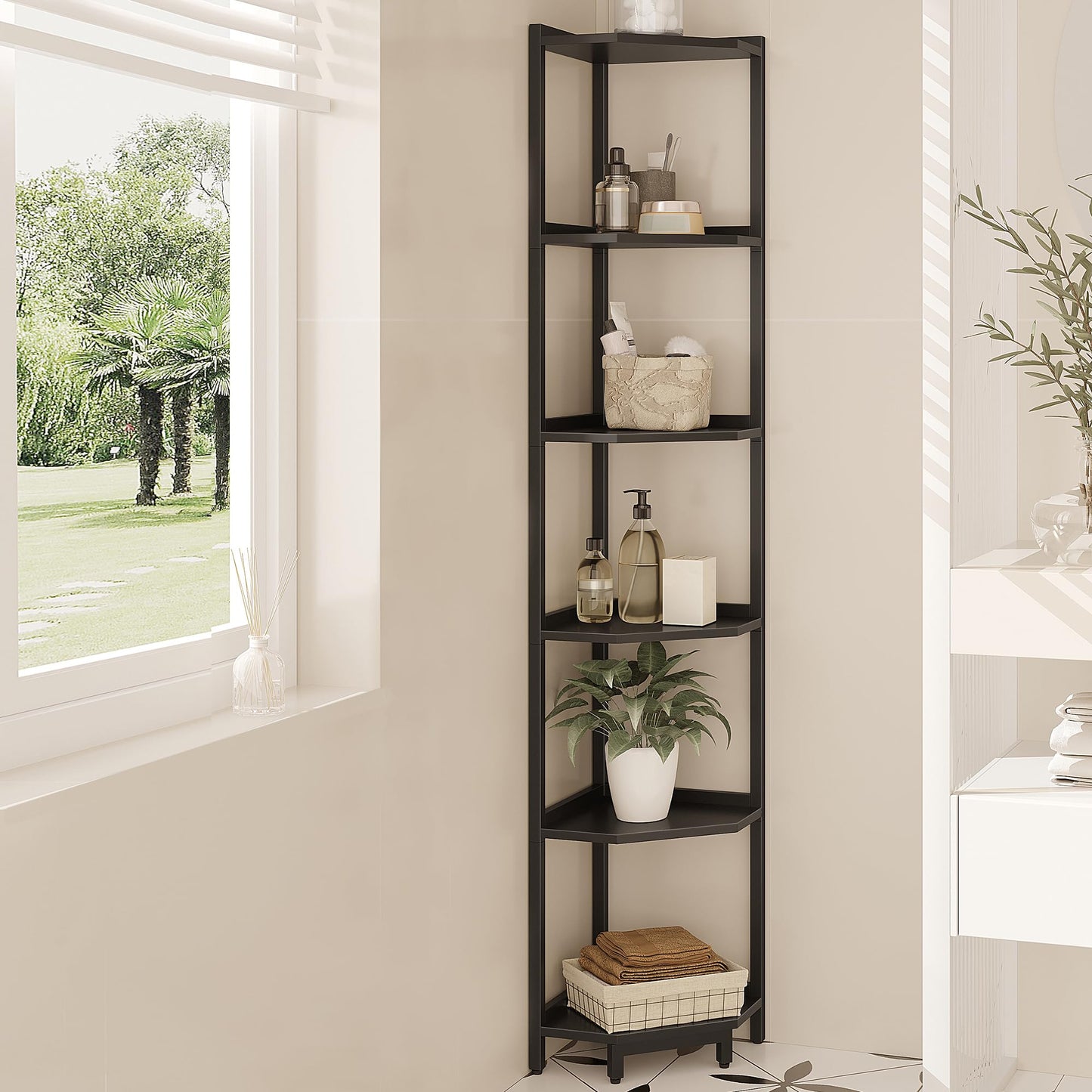 Hzuaneri Corner Shelf Stand, Corner Bookshelf, Storage Standing Shelf Unit with Metal Frame, Plant Stand, Bookcase for Living Room, Home Office, Bedroom, 6-Tier Black CS06006B