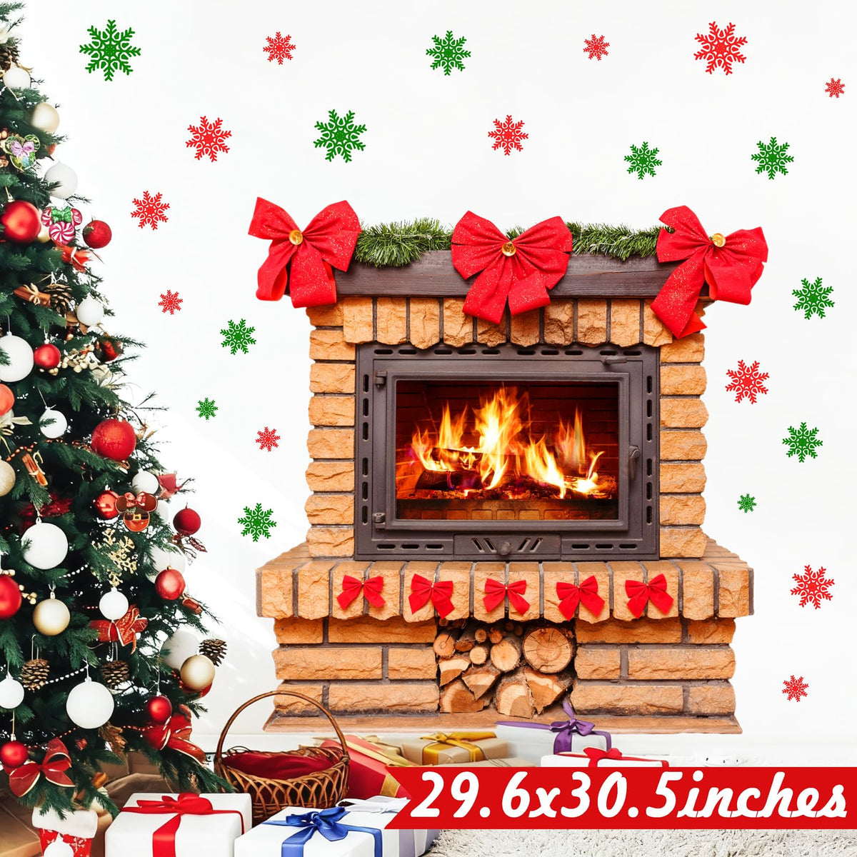 Large Christmas Wall Stickers Christmas Wall Decoration Vinyl Decals Realistic Bow Fireplace Decal for Walls Peel and Stick Indoor Snowflakes Xmas Art Murals for Living Room Holiday Party Supplies