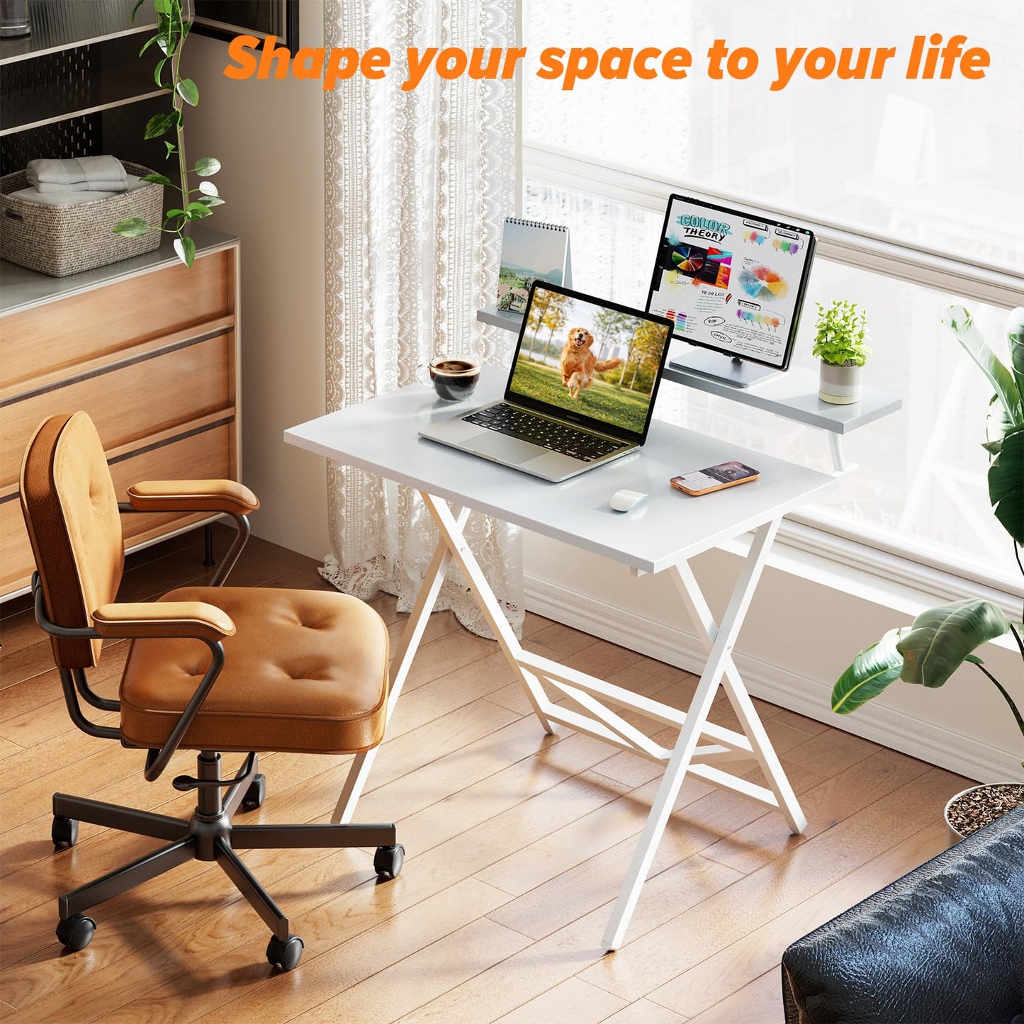 WOHOMO Folding Computer Desk with Adjustable Height, 23.6" x 31.5" x 25.6" Foldable Table with Monitor Stand, Small Office Desk for Bedroom, Space Saving Desk for Home Office, Easy Assemble, White