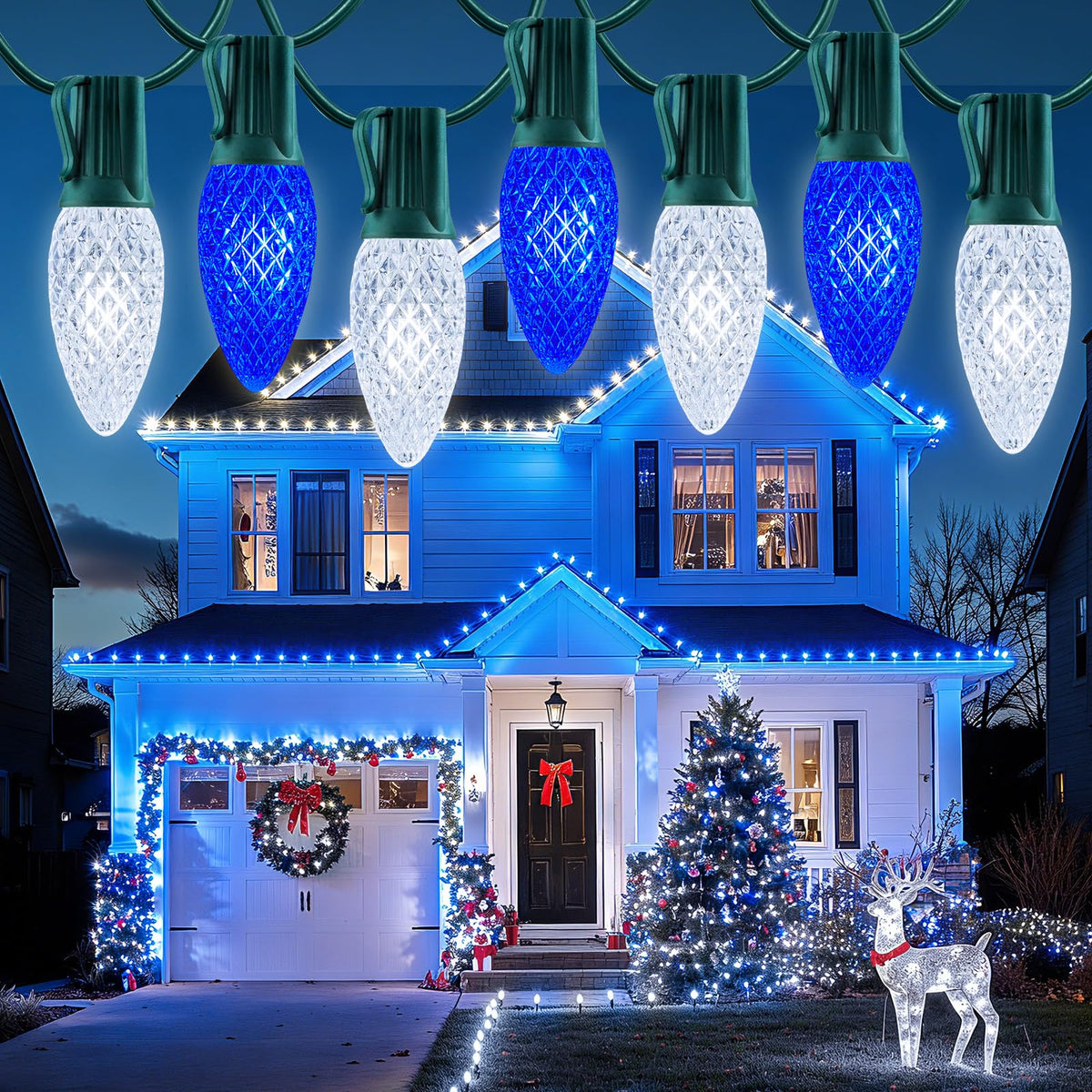 Minetom 100 Feet Led Christmas Lights,Blue White C9 Christmas String Lights Outdoor, 100 Strawberry Bulbs Connectable UL Certified for Indoor Outdoor Roofline Patio Holiday Party Backyard Xmas Decor