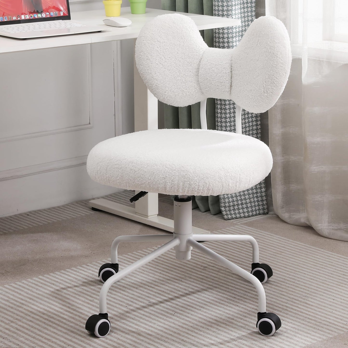 Shiepu Cute Desk Chair with Back,Comfy Small Office Chair with Wheels, Armless Adjustable Rolling Swivel Computer Chair for Home Office,Make-up Room,Bedroom,Vanity Chair for Girls,Teddy Velve,White