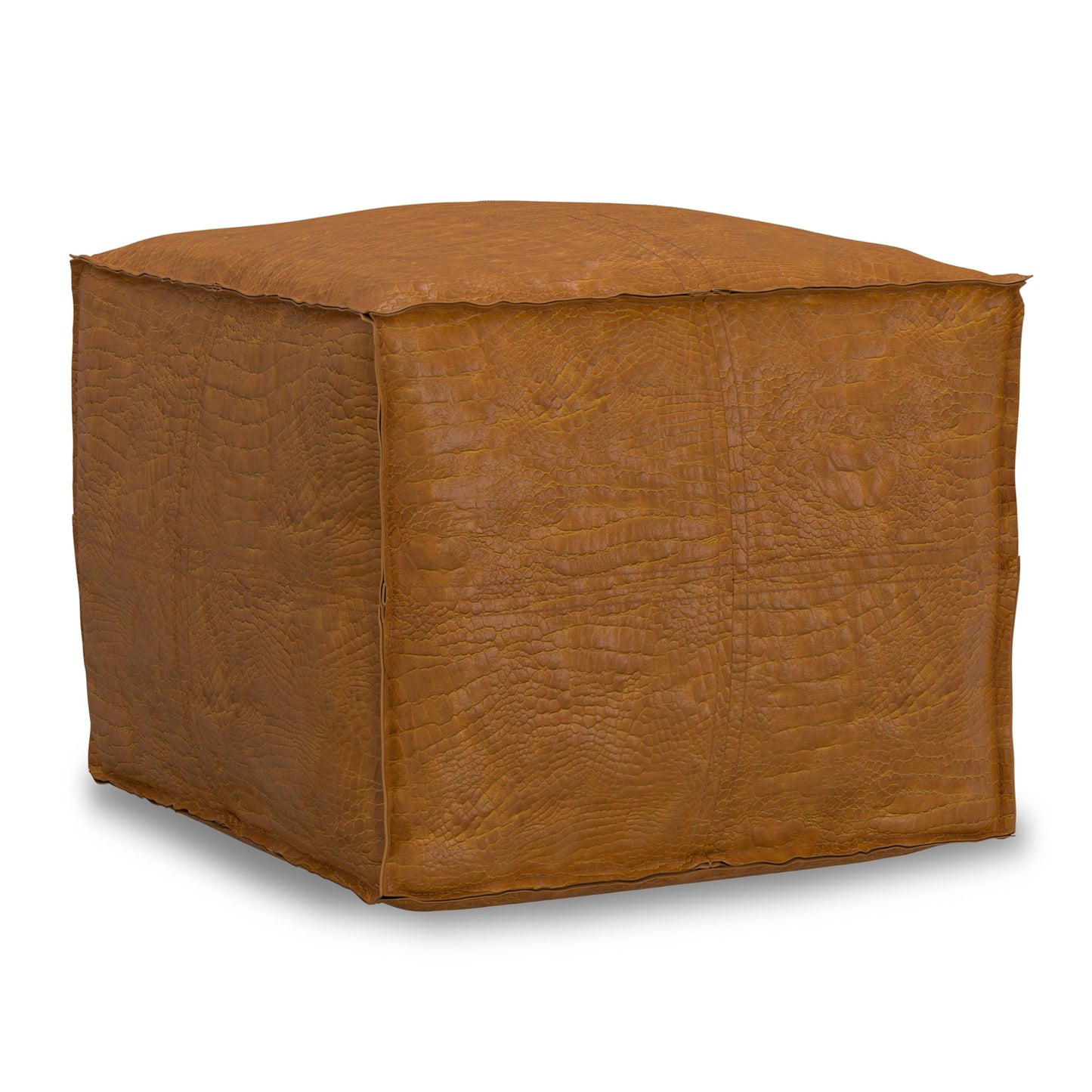 SIMPLIHOME Brody Square Pouf - 18 inch Wide Upholstered Genuine Leather Ottoman in Tan, Boho Footstool, Coffee Table or Extra Seating for Living Room or Bedroom, Assembled