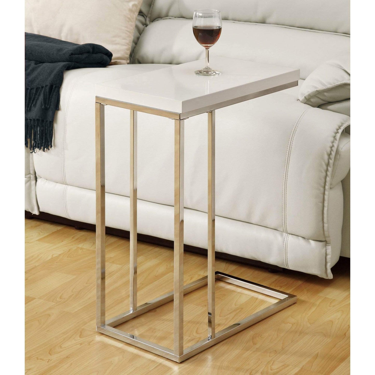 Monarch Specialties I 3008 Accent Table, C-shaped, End, Side, Snack, Living Room, Bedroom, Metal, Laminate, Glossy White, Chrome, Contemporary, Modern