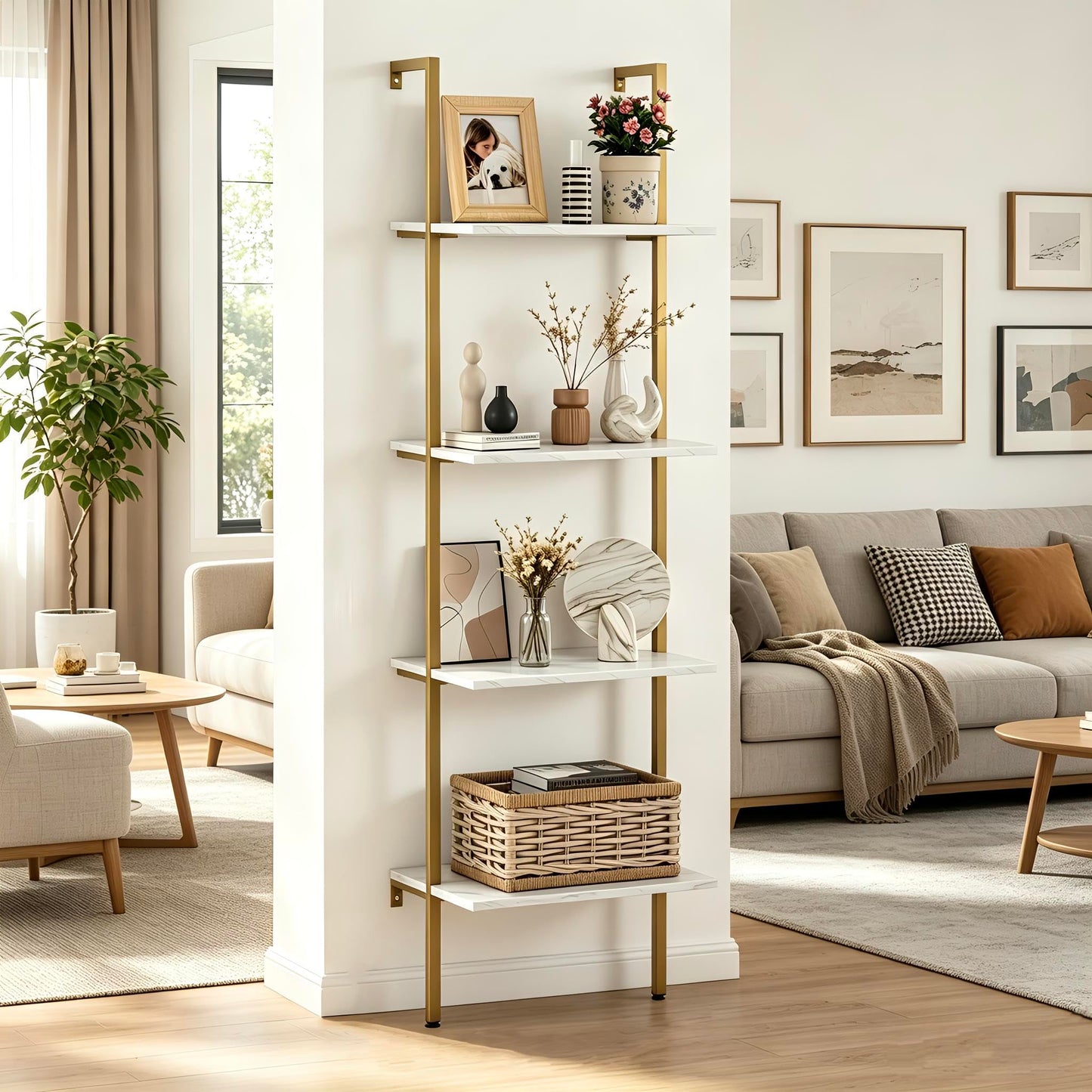 Wolawu Ladder Shelf 4 Tiers Metal Industrial Bookshelf,White Marble Wood Tall Open Storage Rack and Display Shelves,Wall Mount Wide Book Case for Home Office Bedroom,Small