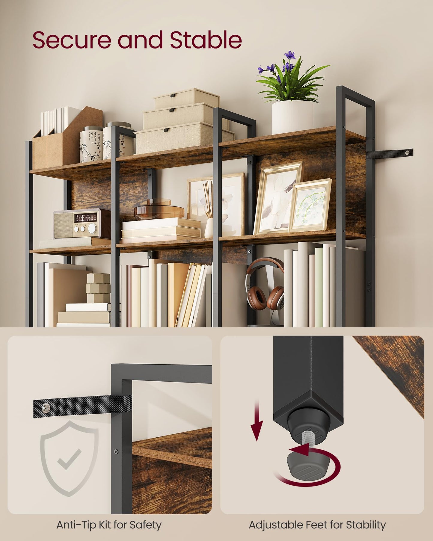 VASAGLE 6-Tier Bookshelf, Book Shelf, Industrial Bookcase, with Steel Frame, for Living Room, Home Office, Bedroom, 9.4 x 50.4 x 73.7 Inches, Rustic Brown and Ink Black ULLS151K01