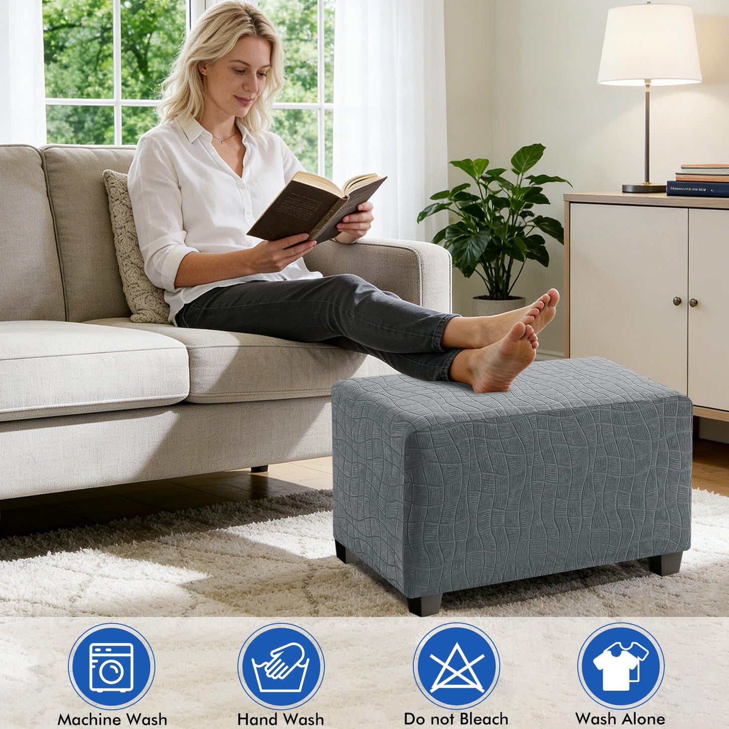 MAXIJIN Waterproof Ottoman Cover Rectangle Stretch Ottoman Slipcovers Square Thick Stool Covers Storage Footrest Furniture Protector with Non-Slip Elastic Bottom (Small, Light Gray)