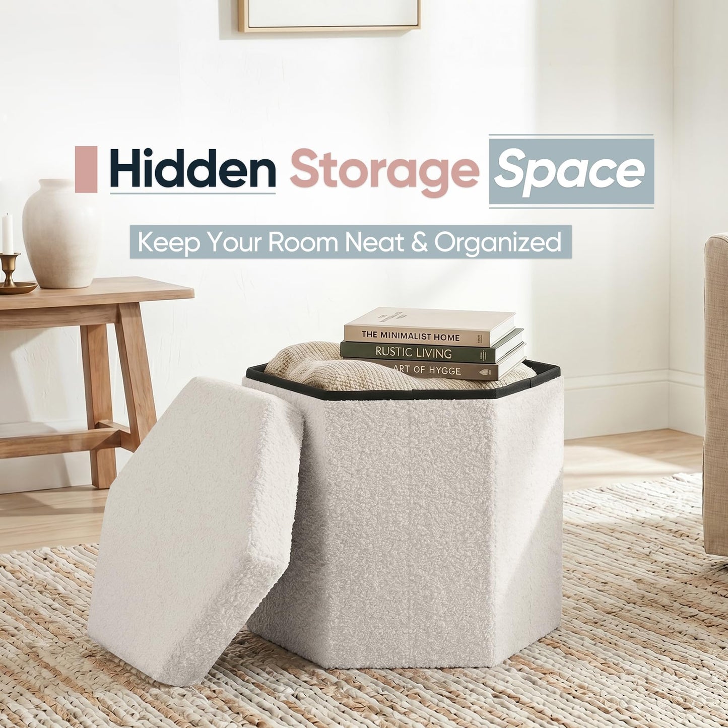 ZOLANOful Hexagon Storage Ottoman, Foldable Boucle Footrest with Hidden Storage, Upholstered Ottoman Footstool for Living Room, Bedroom, Dorm, Entryway, 15 x 16.9 x 15 Inches, White