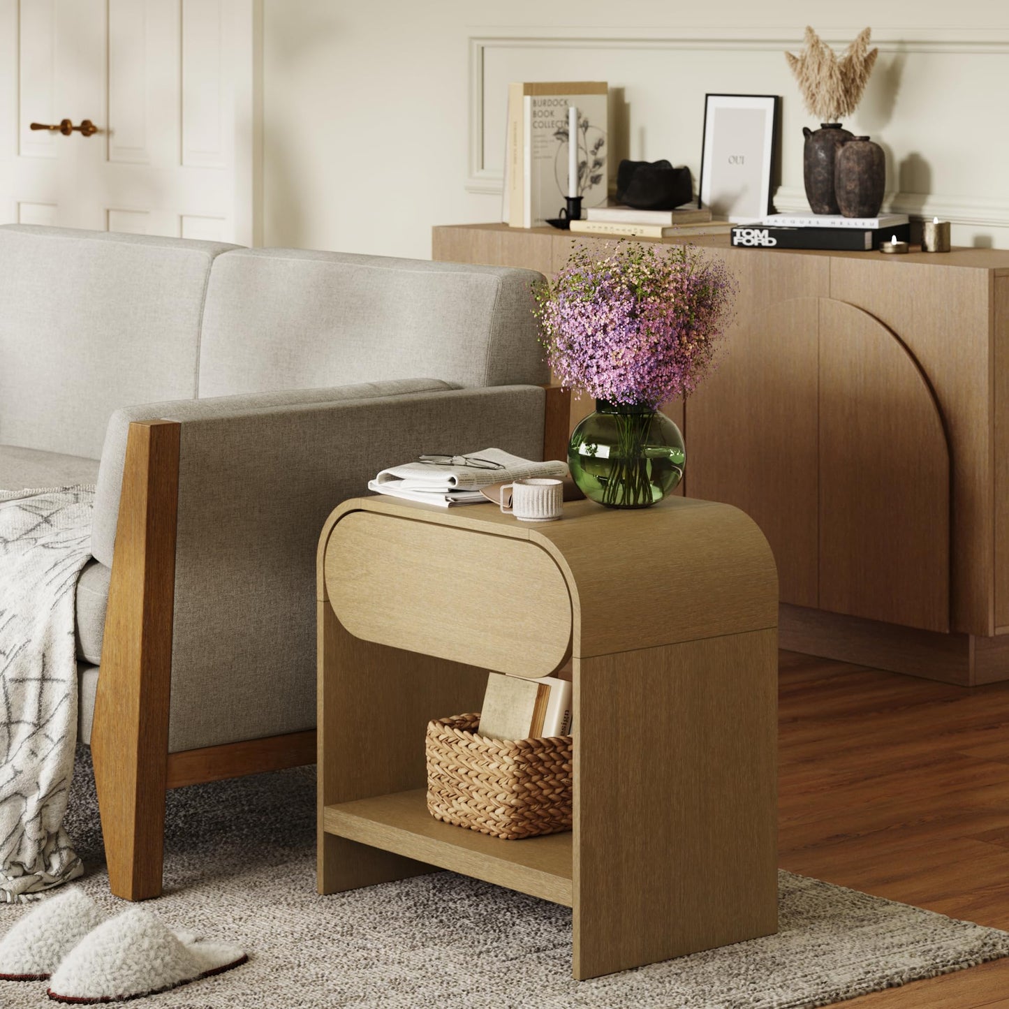 Nathan James Iris Mid-Century Modern Nightstand with Drawer, Wooden Bedside Table for Bedroom or Living Room with Rounded Silhouette