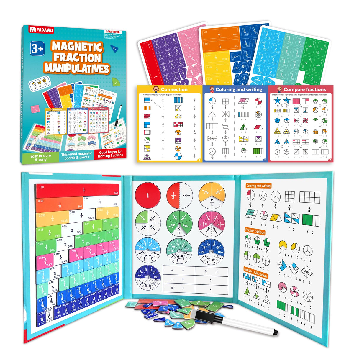 FADAWU Magnetic Fraction Educational Puzzle, Magnetic Fraction Demonstration Book with Fraction Tiles & Circles, Montessori Fraction Manipulatives for Elementary School, Maths Learning Toys for Kids