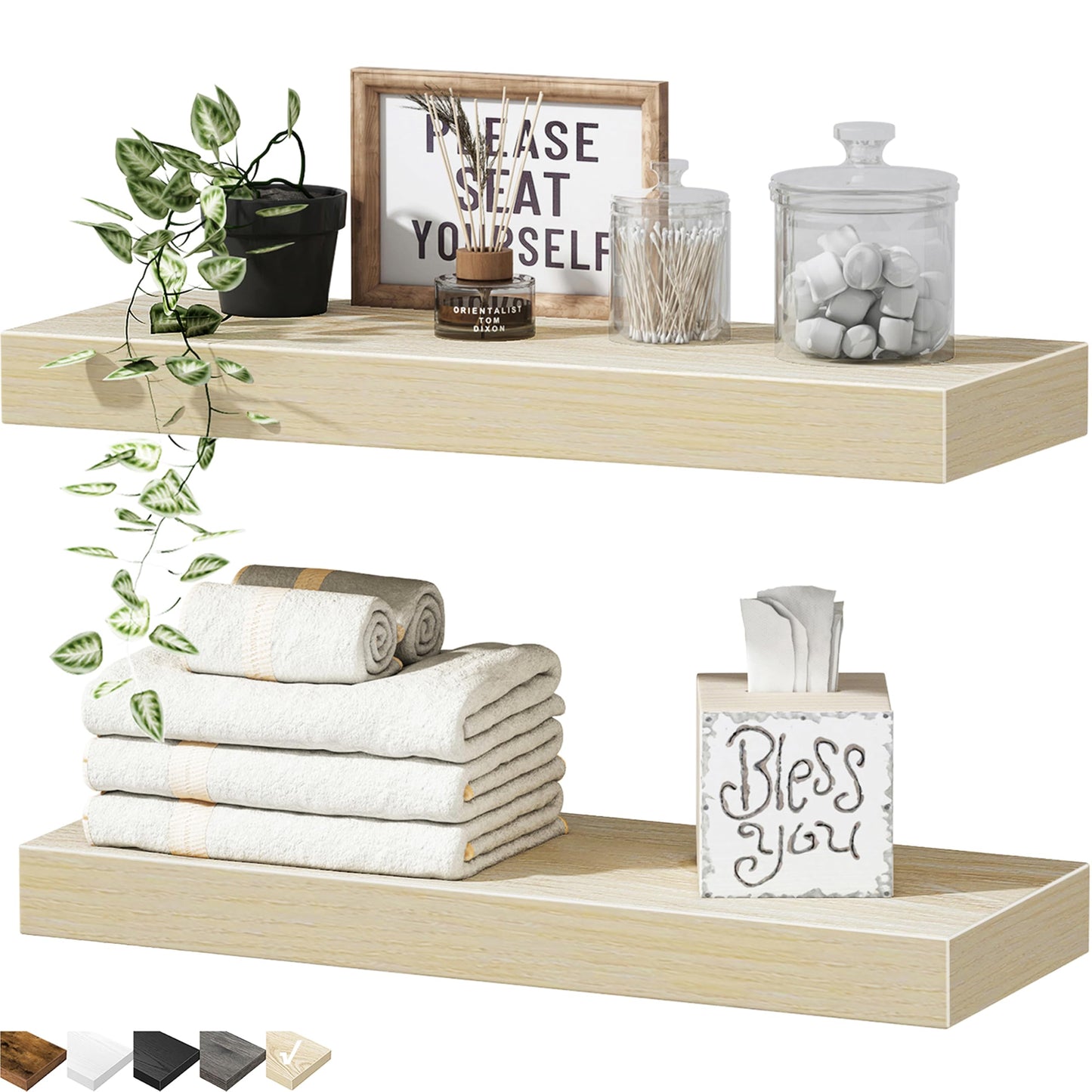 QEEIG Bathroom Floating Shelves for Wall - 15.7" Wall Mounted Shelf Over Toilet Farmhouse Home Decor Display Bookshelf Small 15.7 x 6.7 inch Set of 2, Natural (008-40N)